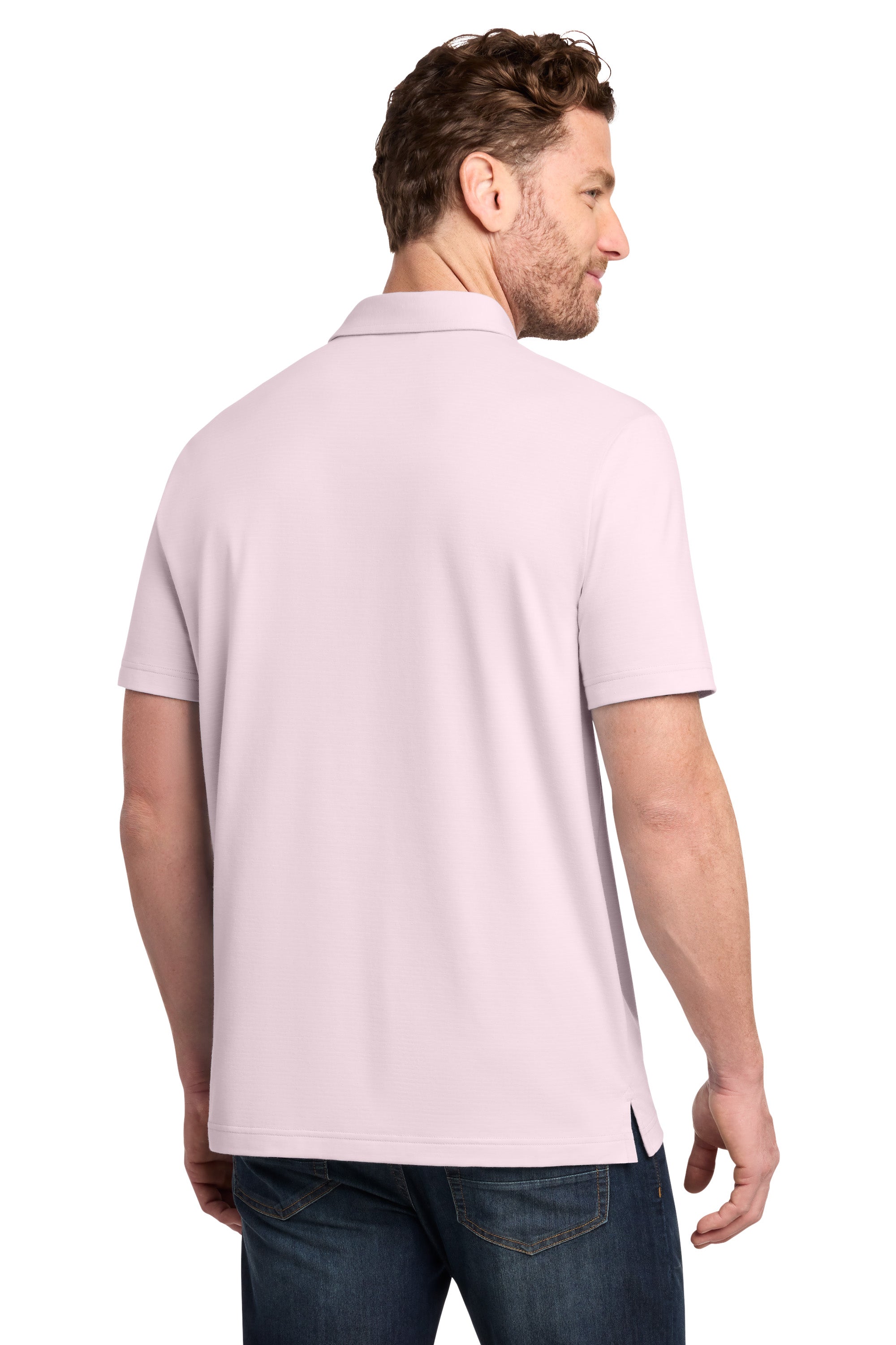 TravisMathew TMA46371 Mens Crestview Short Sleeve Polo Shirt Stone Pink Model Back