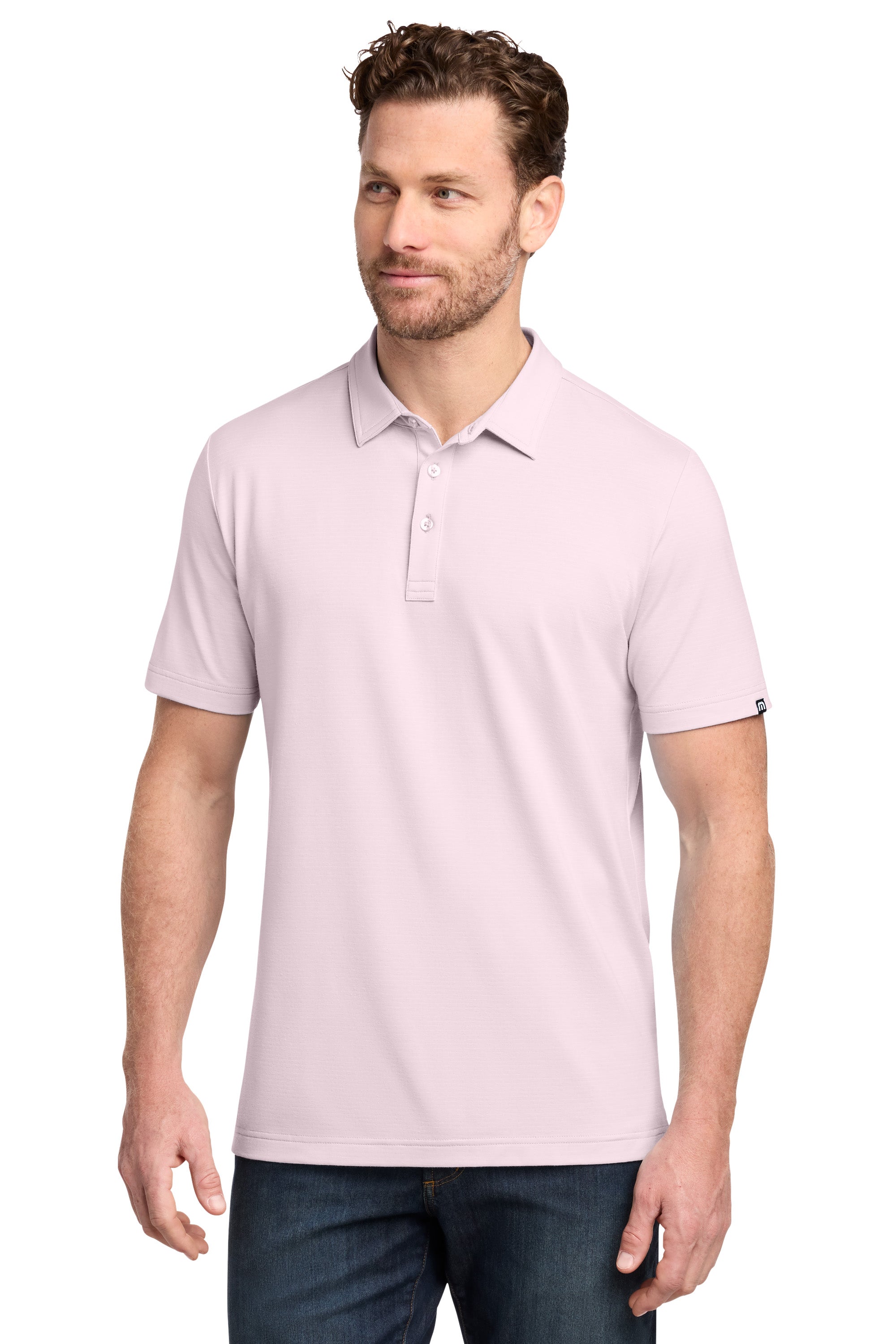 TravisMathew TMA46371 Mens Crestview Short Sleeve Polo Shirt Stone Pink Model Front
