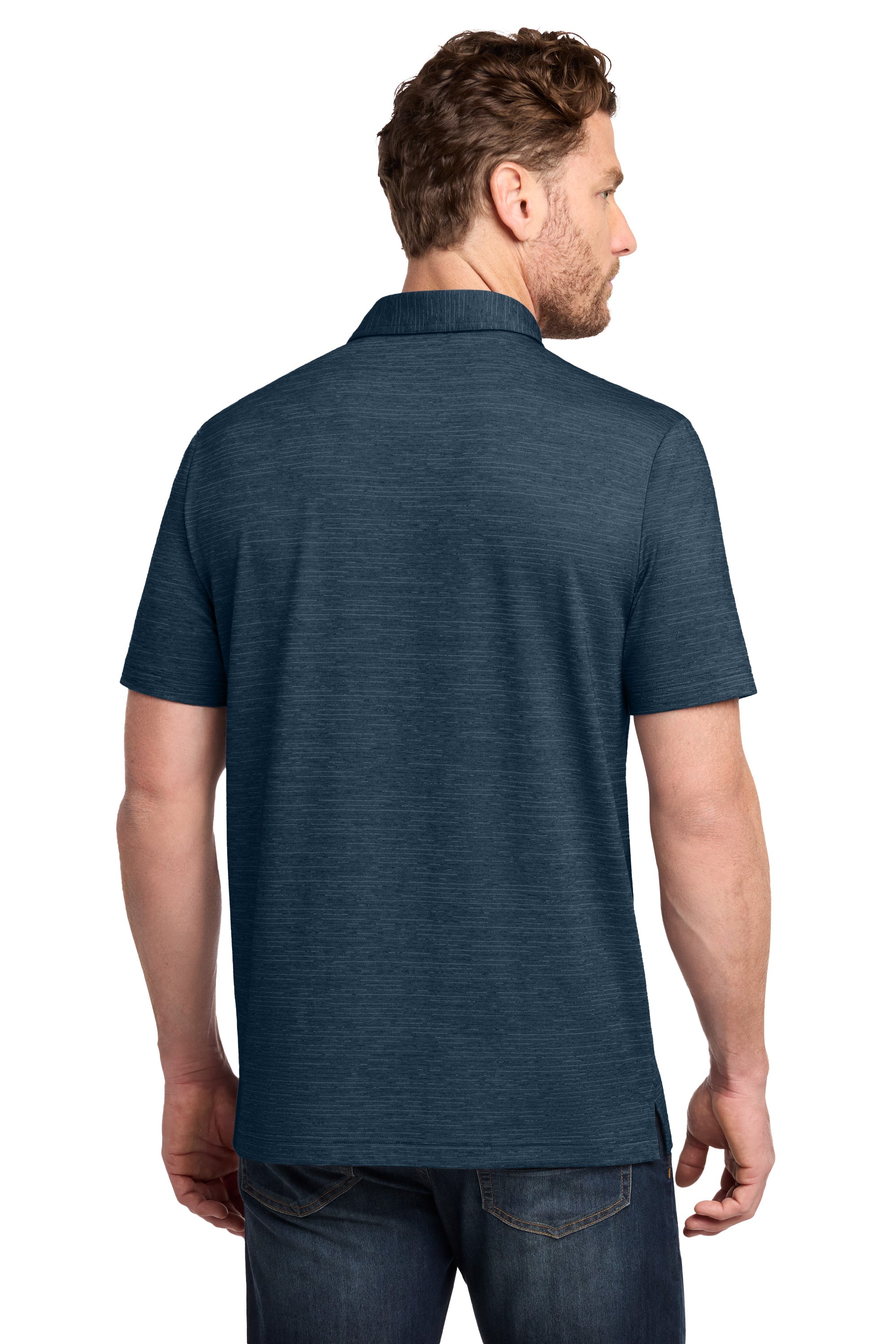 TravisMathew TMA46371 Mens Crestview Short Sleeve Polo Shirt Heather Vintage Indigo Blue Model Back