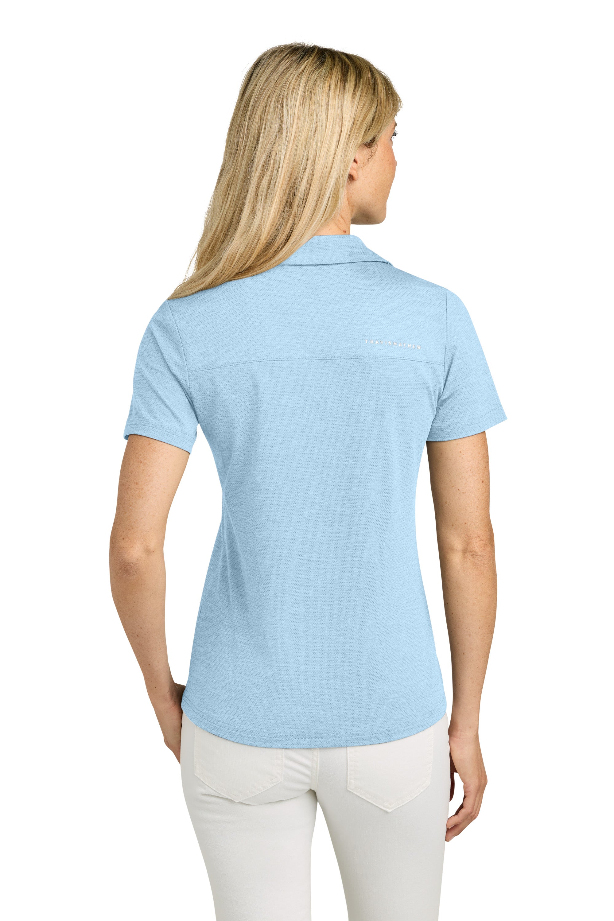 TravisMathew TMA46416 Womens Onward Short Sleeve Polo Shirt Heather Airy Blue Model Back