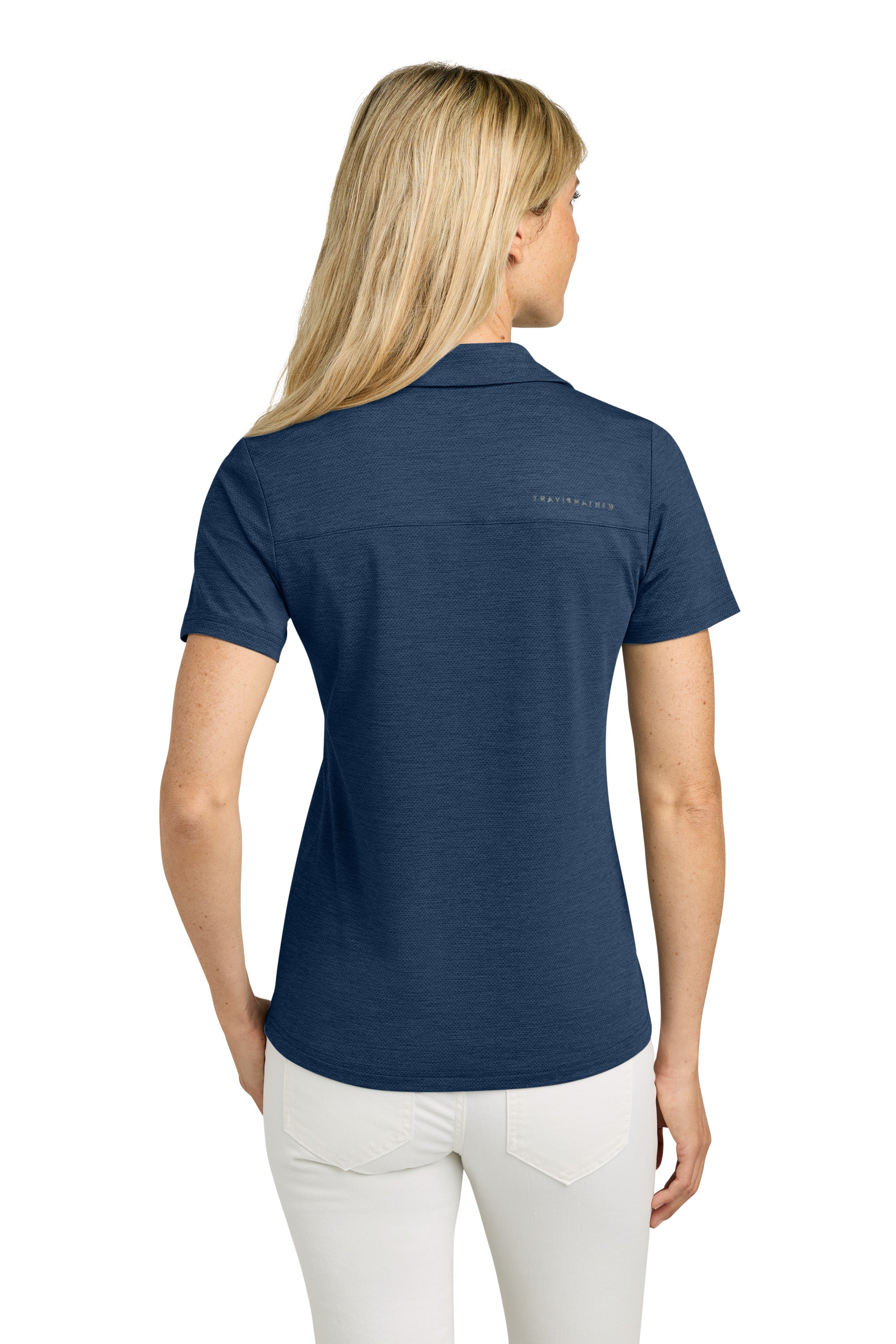TravisMathew TMA46416 Womens Onward Short Sleeve Polo Shirt Heather Navy Blue Model Back