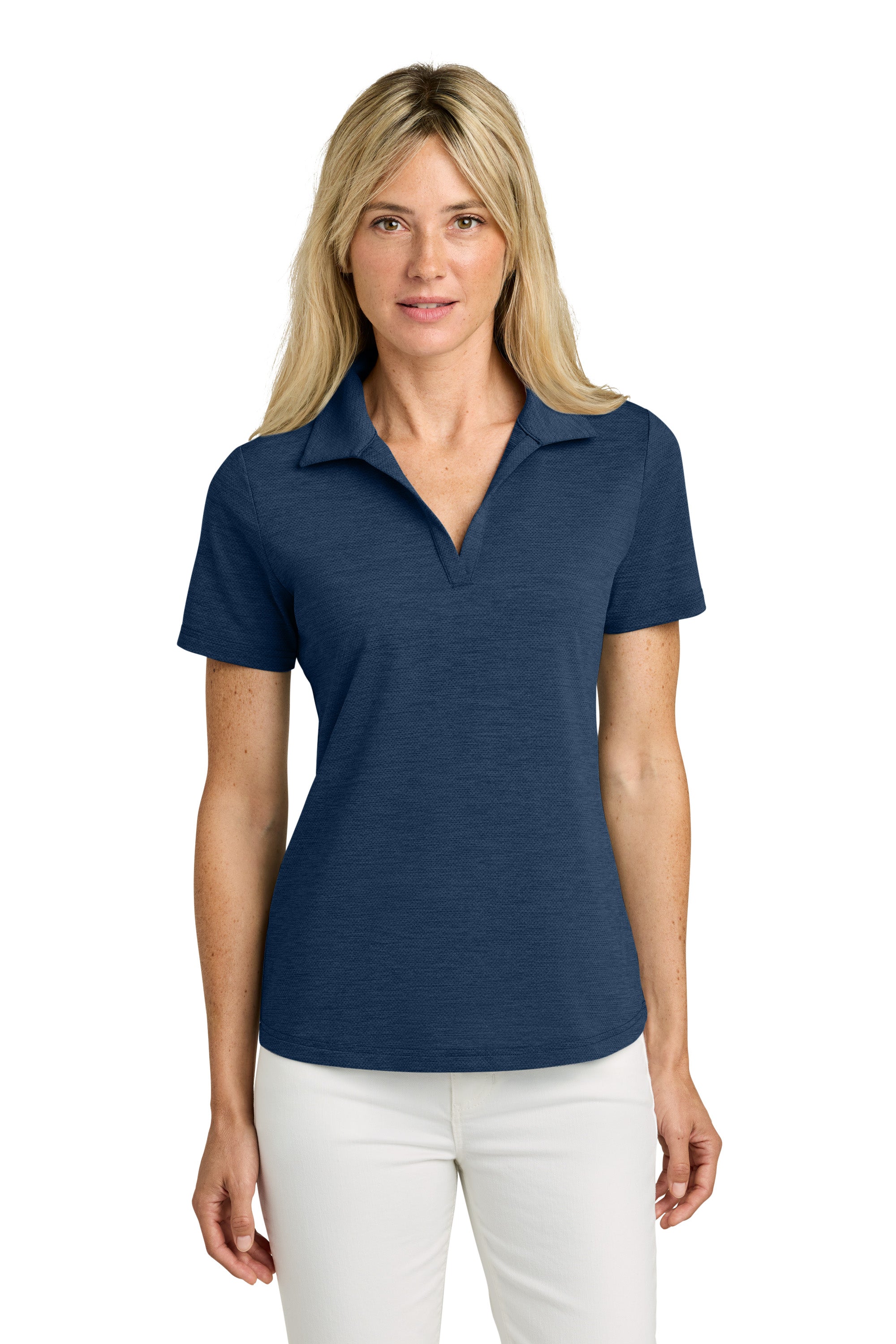 TravisMathew TMA46416 Womens Onward Short Sleeve Polo Shirt Heather Navy Blue Model Front