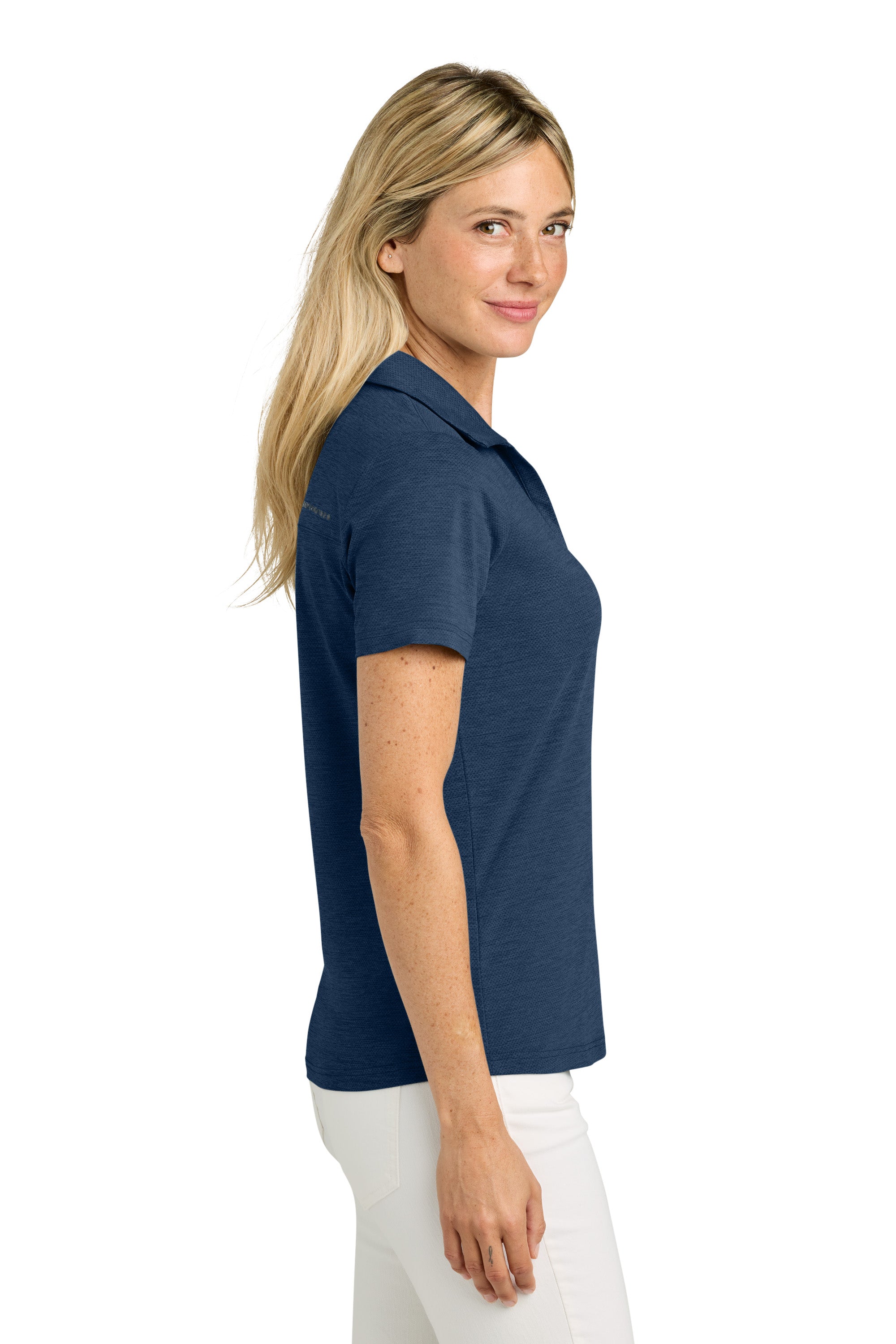 TravisMathew TMA46416 Womens Onward Short Sleeve Polo Shirt Heather Navy Blue Model Side