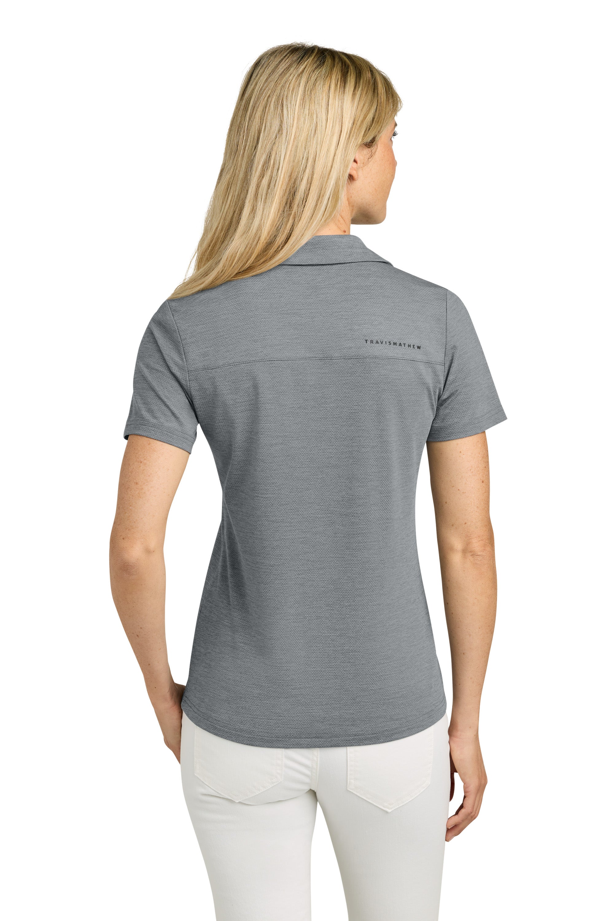 TravisMathew TMA46416 Womens Onward Short Sleeve Polo Shirt Heather Quiet Shade Grey Model Back