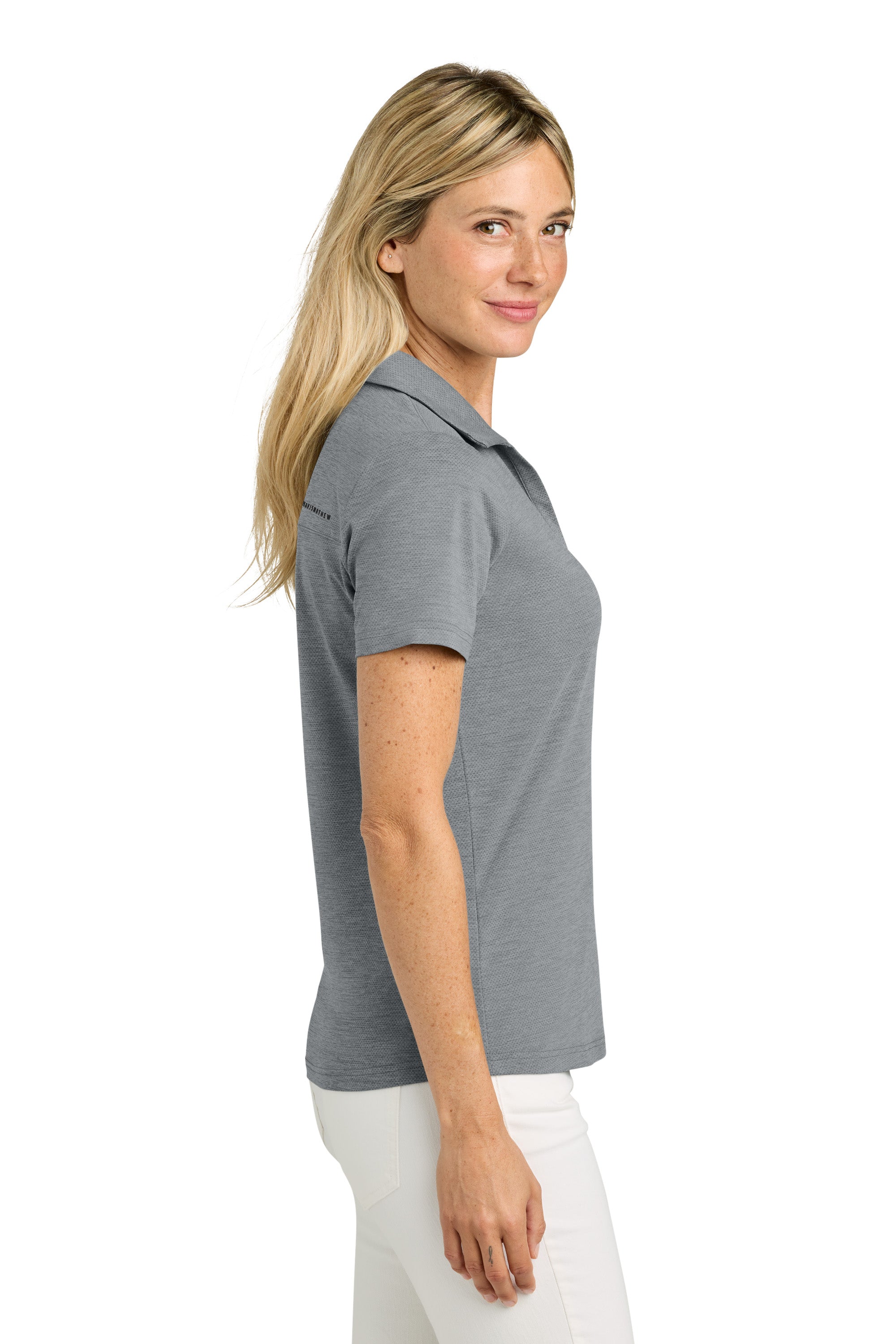TravisMathew TMA46416 Womens Onward Short Sleeve Polo Shirt Heather Quiet Shade Grey Model Side