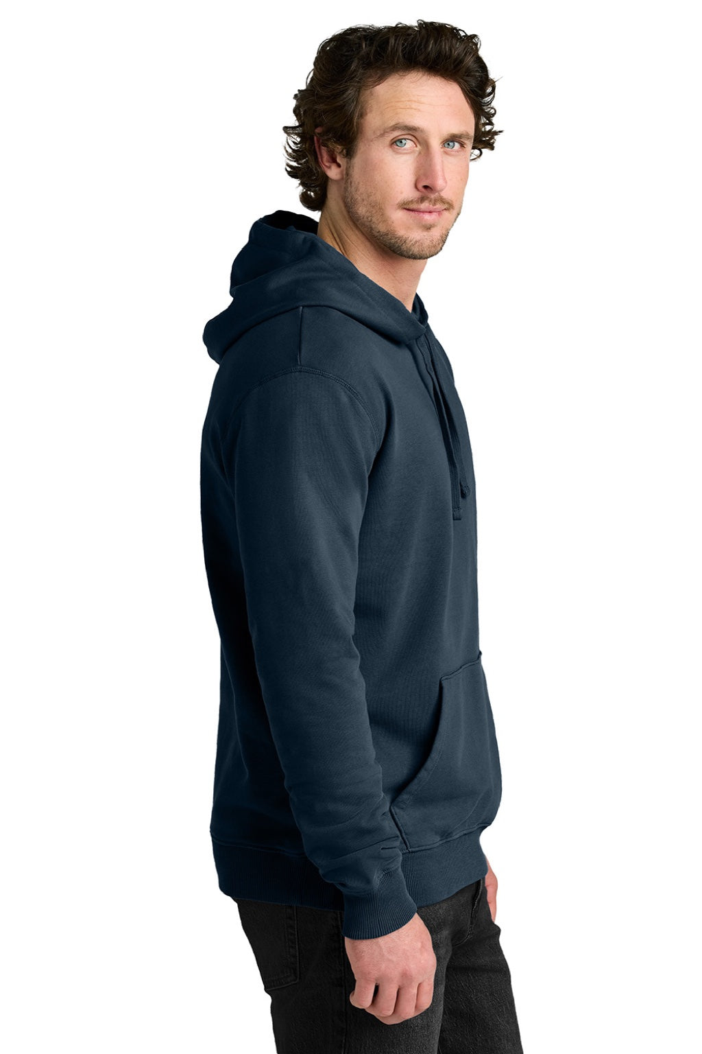 Tentree TTCM3914 Mens Organic Cotton Fleece Hooded Sweatshirt Hoodie Dress Blue Model Side