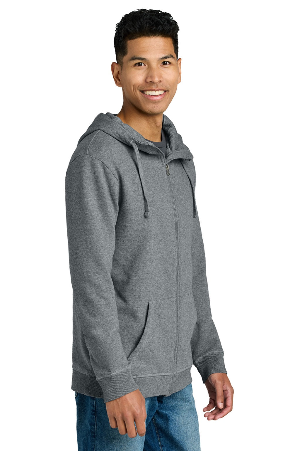 Tentree TTCM4367 Mens Organic Cotton Fleece Full Zip Hooded Sweatshirt Hoodie Heather Grey Model Side