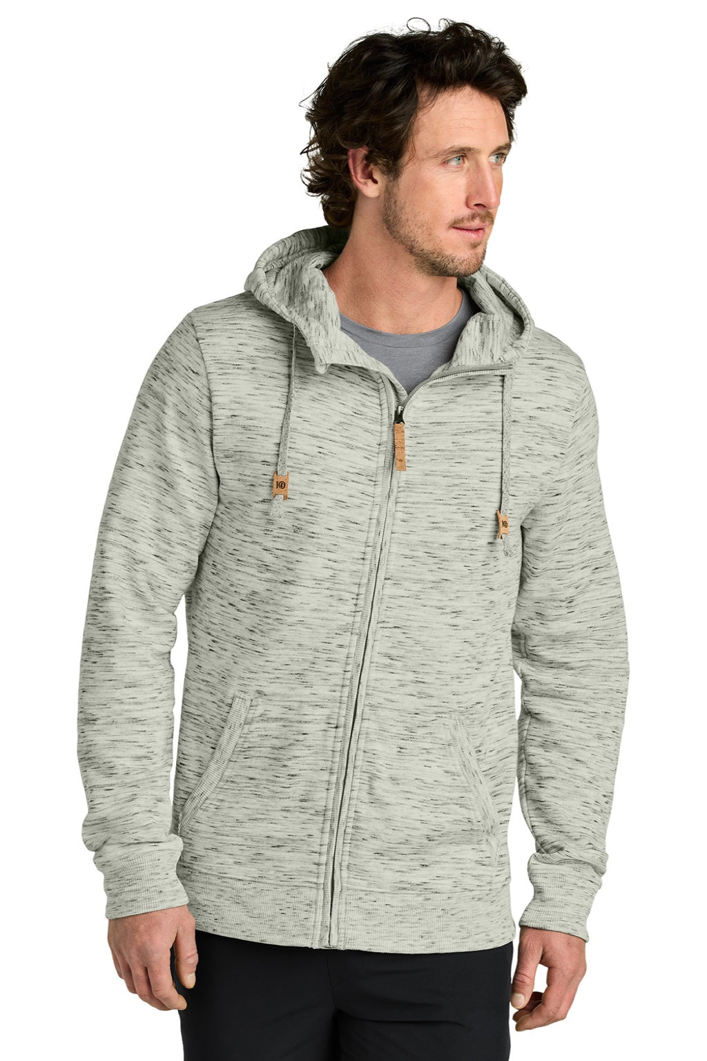 Tentree TTCM4414 Mens Space Dye Fleece Full Zip Hooded Sweatshirt Hoodie High Rise Grey Space Dye Model Front