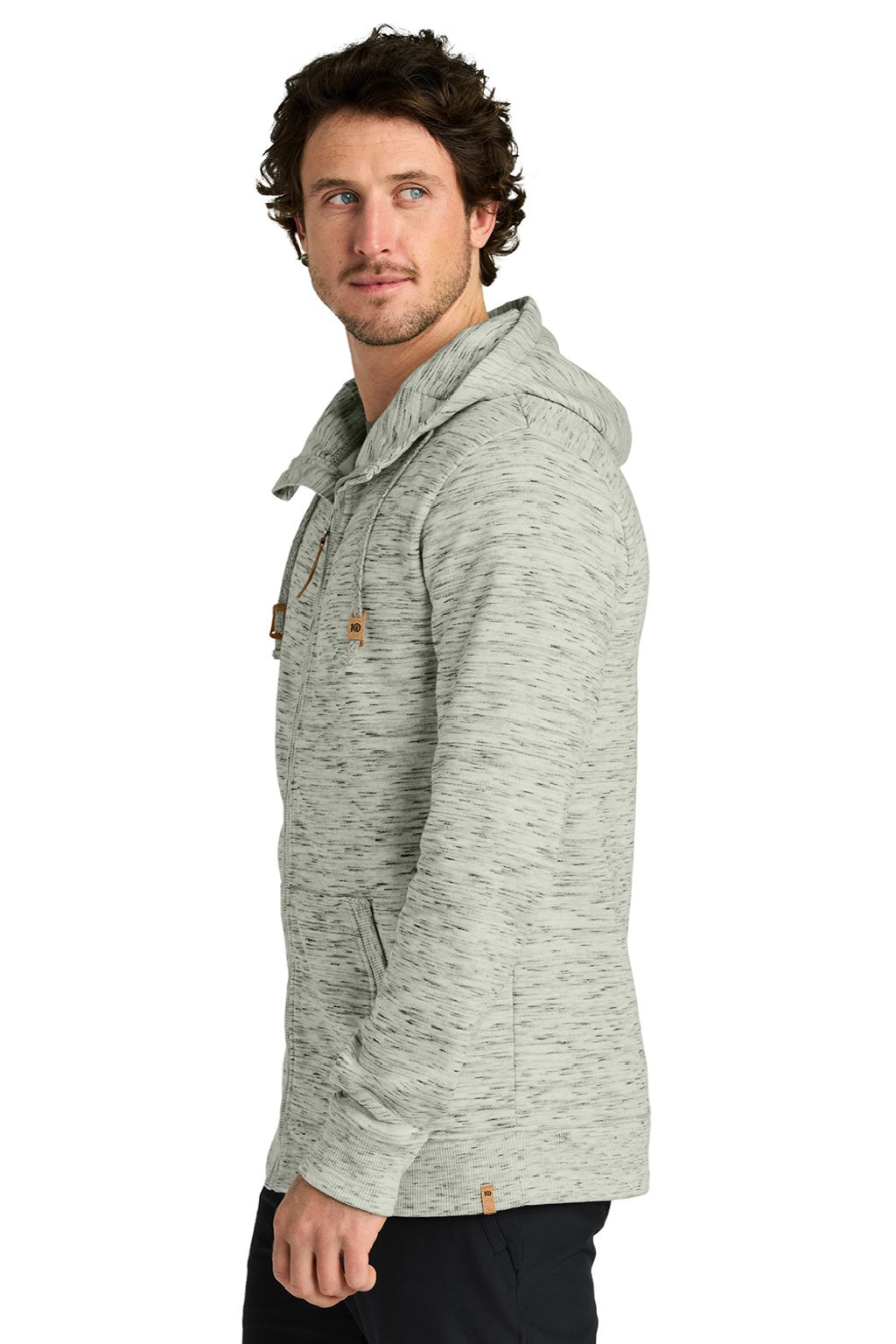 Tentree TTCM4414 Mens Space Dye Fleece Full Zip Hooded Sweatshirt Hoodie High Rise Grey Space Dye Model Side