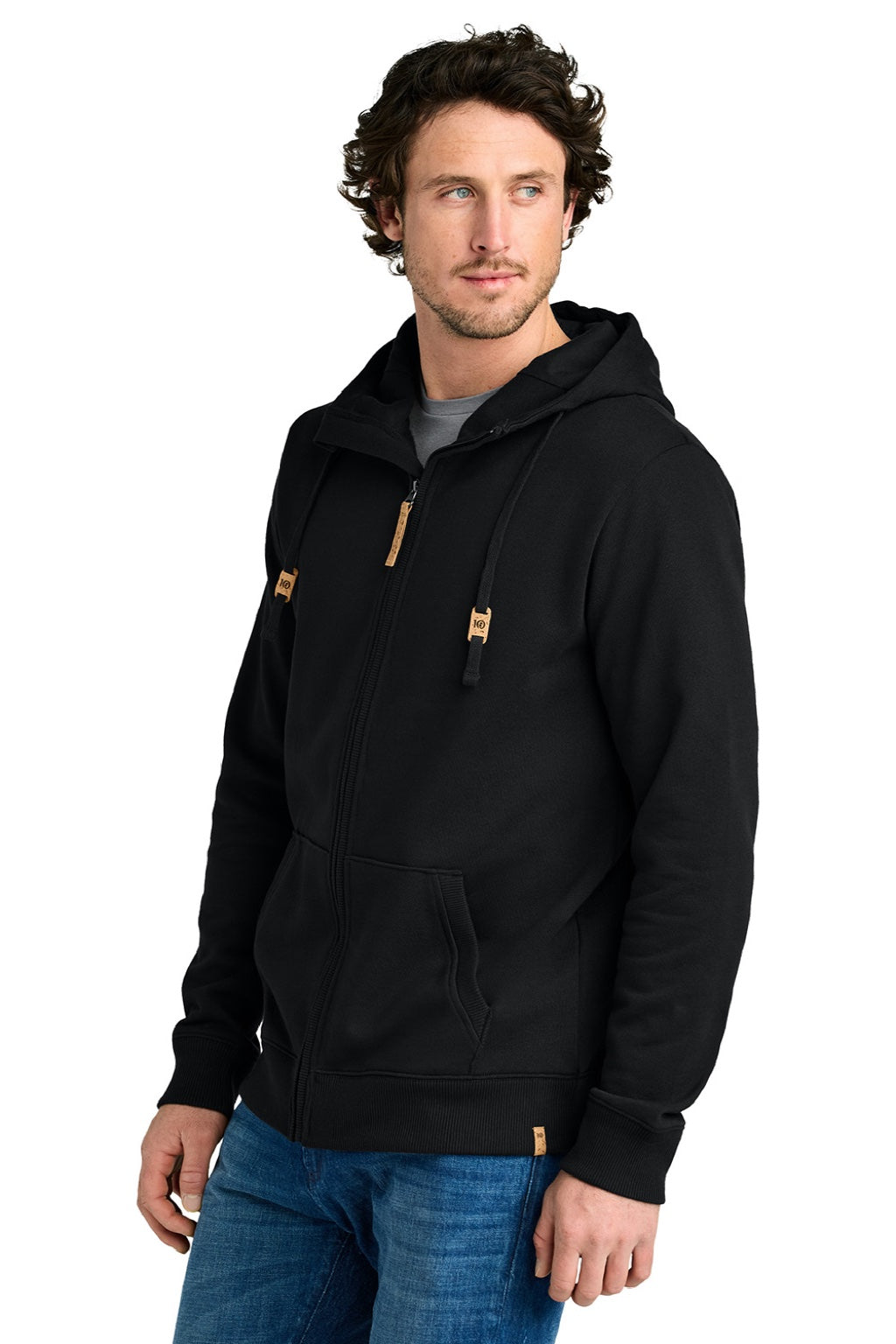 Tentree TTCM4414 Mens Space Dye Fleece Full Zip Hooded Sweatshirt Hoodie Meteorite Black Model Side