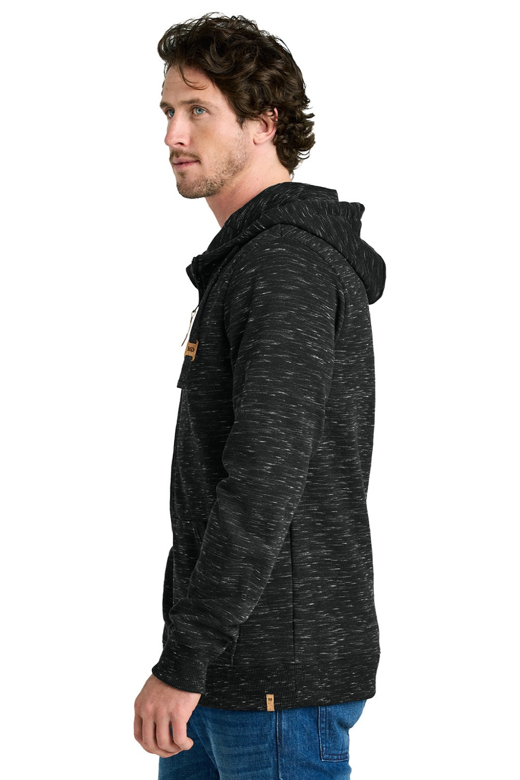 Tentree TTCM4414 Mens Space Dye Fleece Full Zip Hooded Sweatshirt Hoodie Meteorite Black Space Dye Model Side