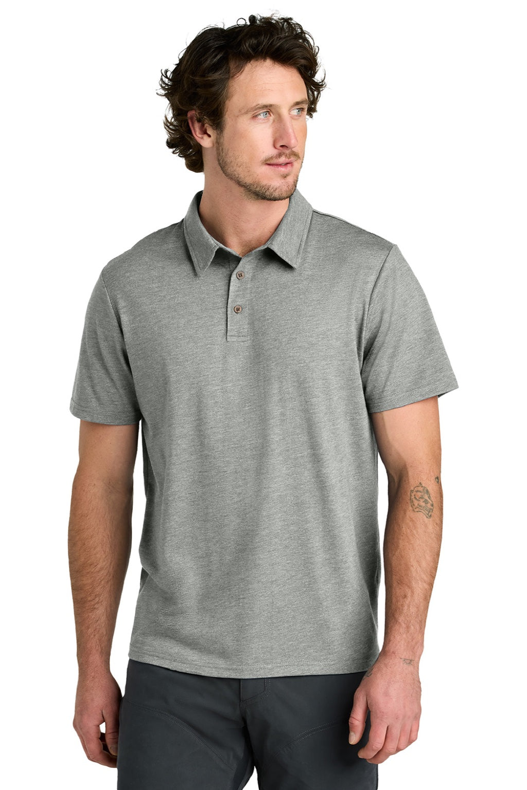 Tentree TTCM5660 Mens TreeBlend Short Sleeve Polo Shirt Heather High Rise Grey Model Front