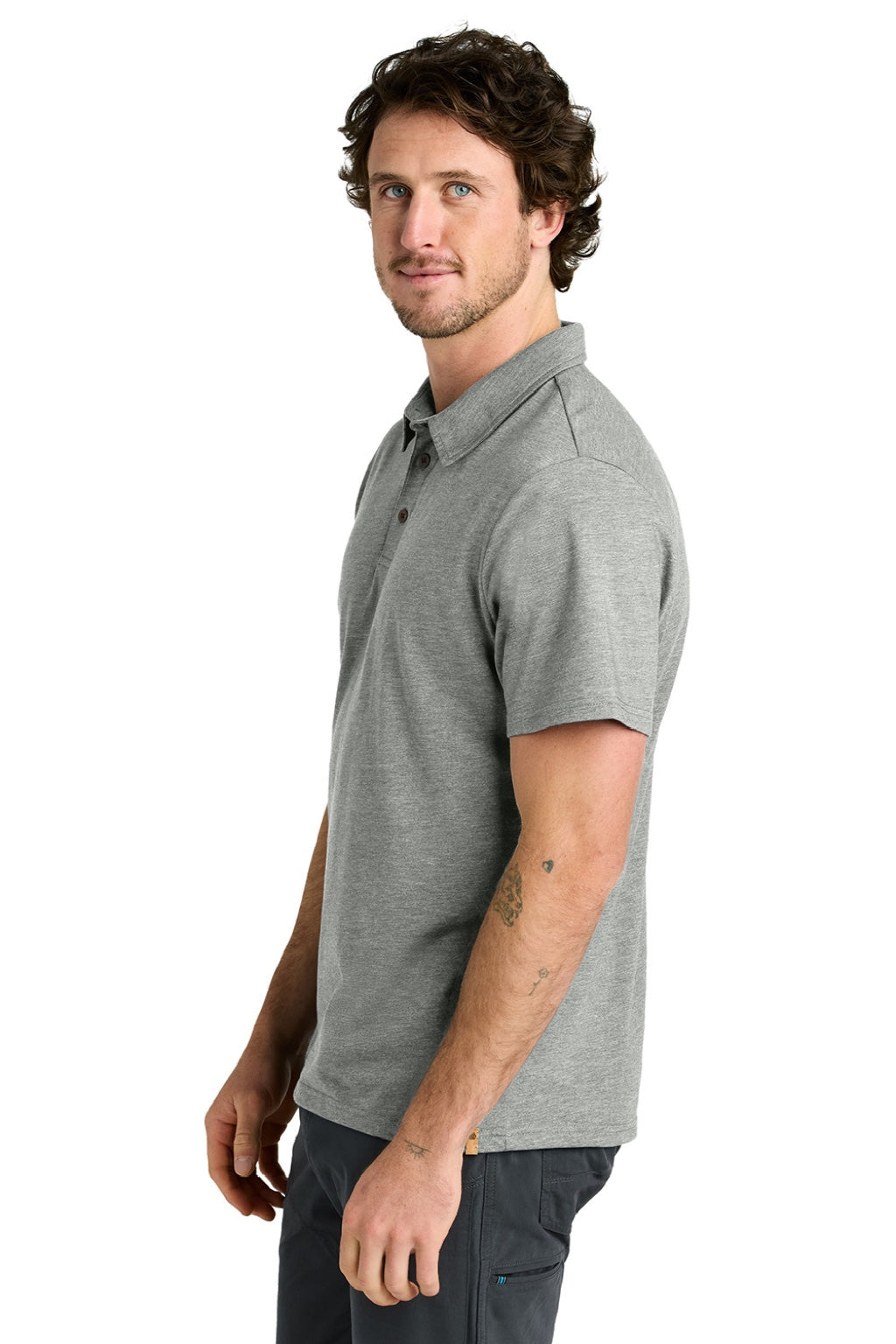 Tentree TTCM5660 Mens TreeBlend Short Sleeve Polo Shirt Heather High Rise Grey Model Side