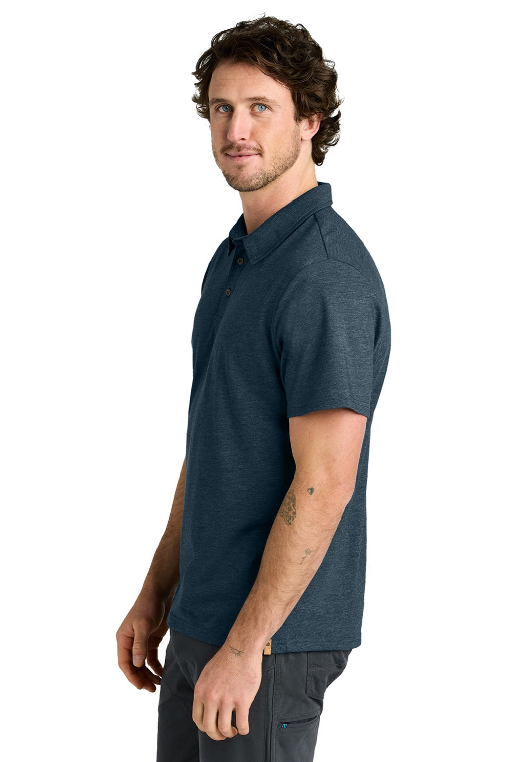 Tentree TTCM5660 Mens TreeBlend Short Sleeve Polo Shirt Heather Moonlit Ocean Blue Model Side