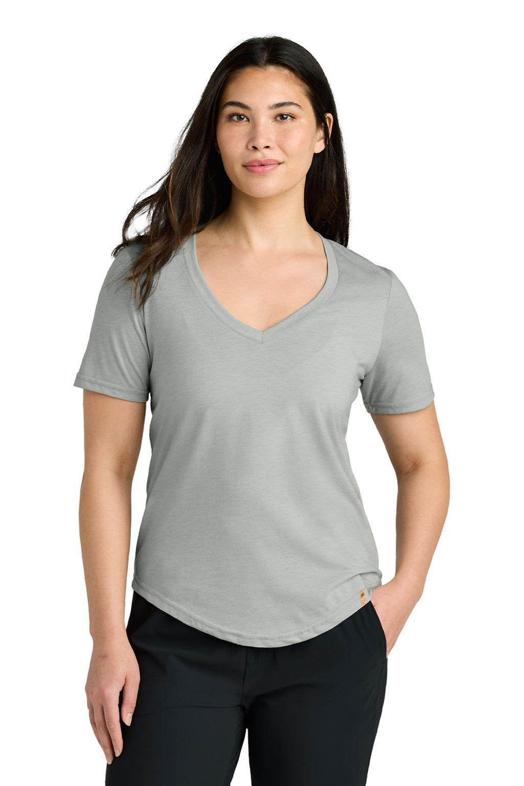 Tentree TTCW5646 Womens TreeBlend Short Sleeve V-Neck T-Shirt Heather High Rise Grey Model Front