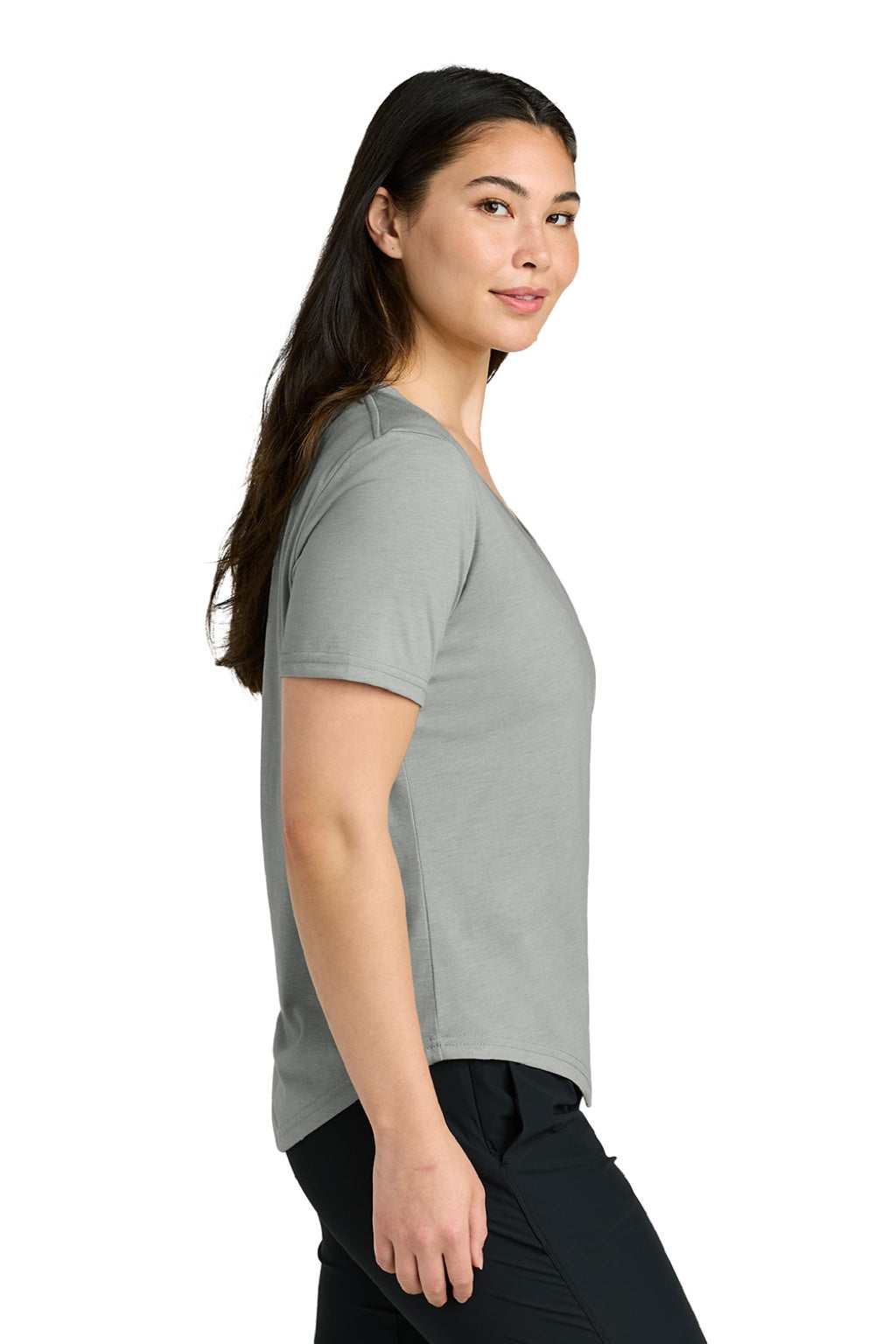 Tentree TTCW5646 Womens TreeBlend Short Sleeve V-Neck T-Shirt Heather High Rise Grey Model Side