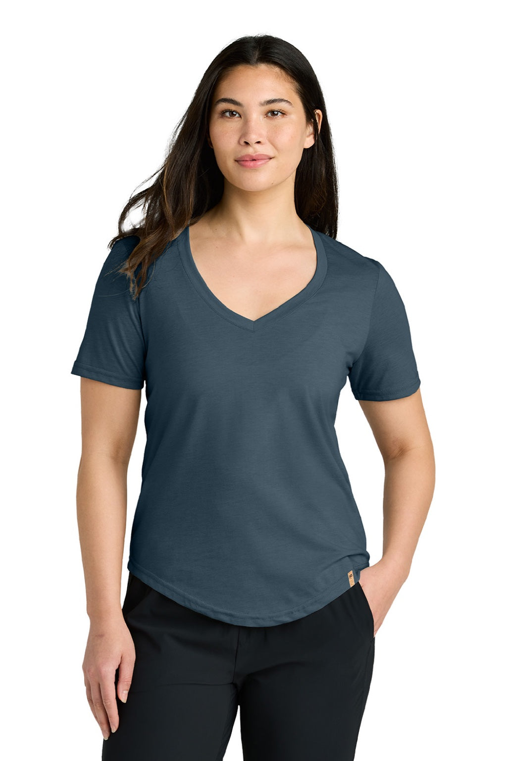 Tentree TTCW5646 Womens TreeBlend Short Sleeve V-Neck T-Shirt Heather Moonlit Ocean Blue Model Front