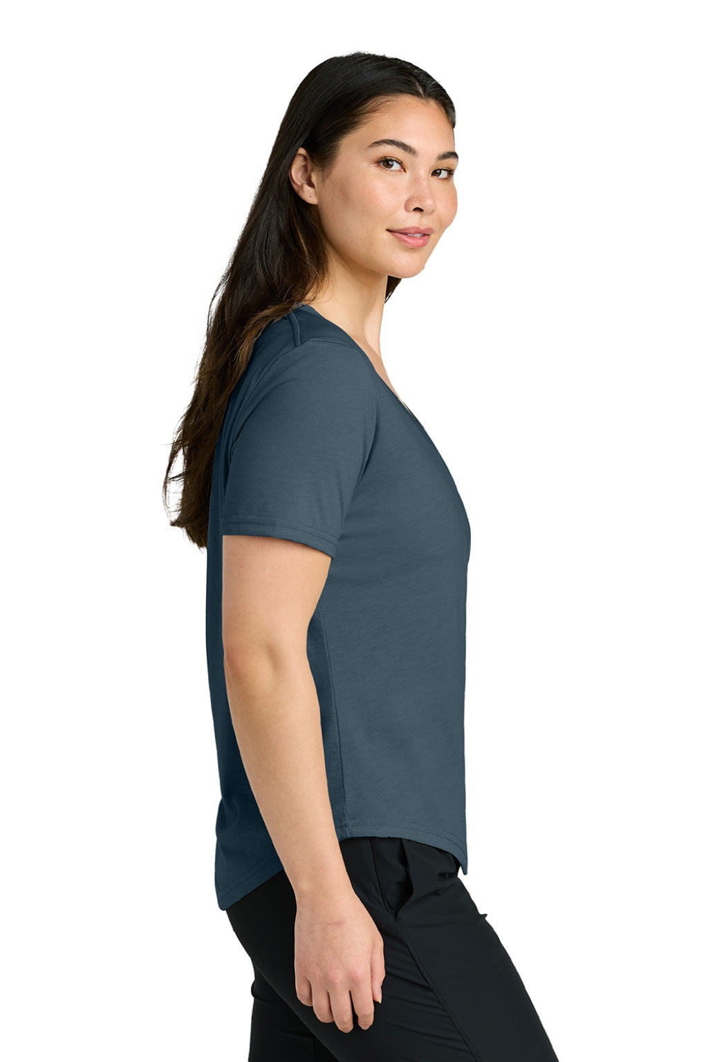 Tentree TTCW5646 Womens TreeBlend Short Sleeve V-Neck T-Shirt Heather Moonlit Ocean Blue Model Side