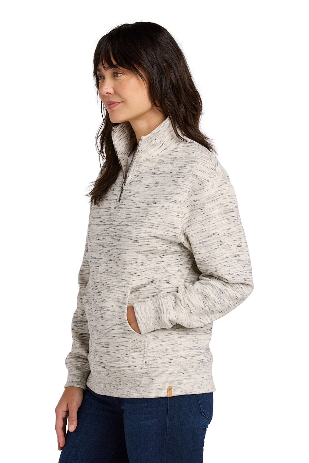 Tentree TTCW6108 Womens Space Dye Fleece 1/4 Zip Sweatshirt High Rise Grey Space Dye Model Side