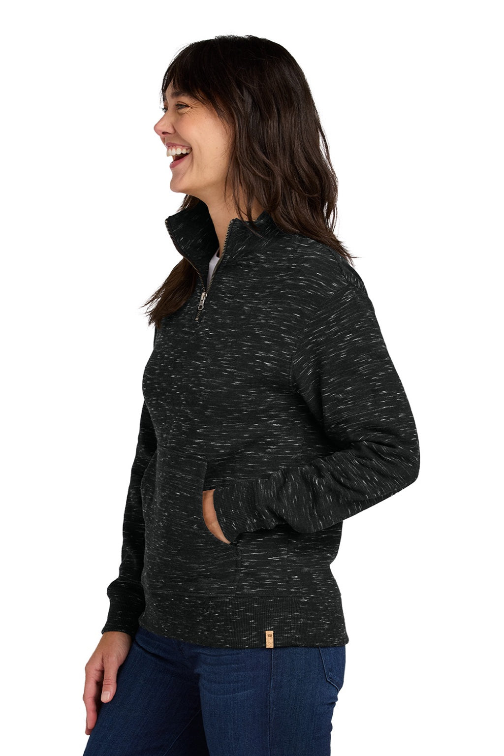 Tentree TTCW6108 Womens Space Dye Fleece 1/4 Zip Sweatshirt Meteorite Black Space Dye Model Side