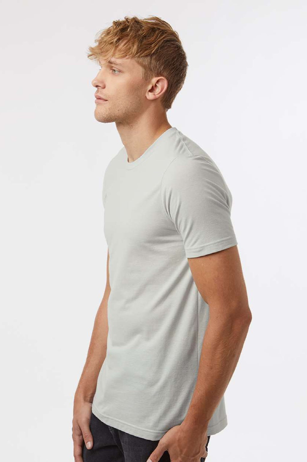 Tultex 602 Mens Short Sleeve Crewneck T-Shirt Light Silver Grey Model Side