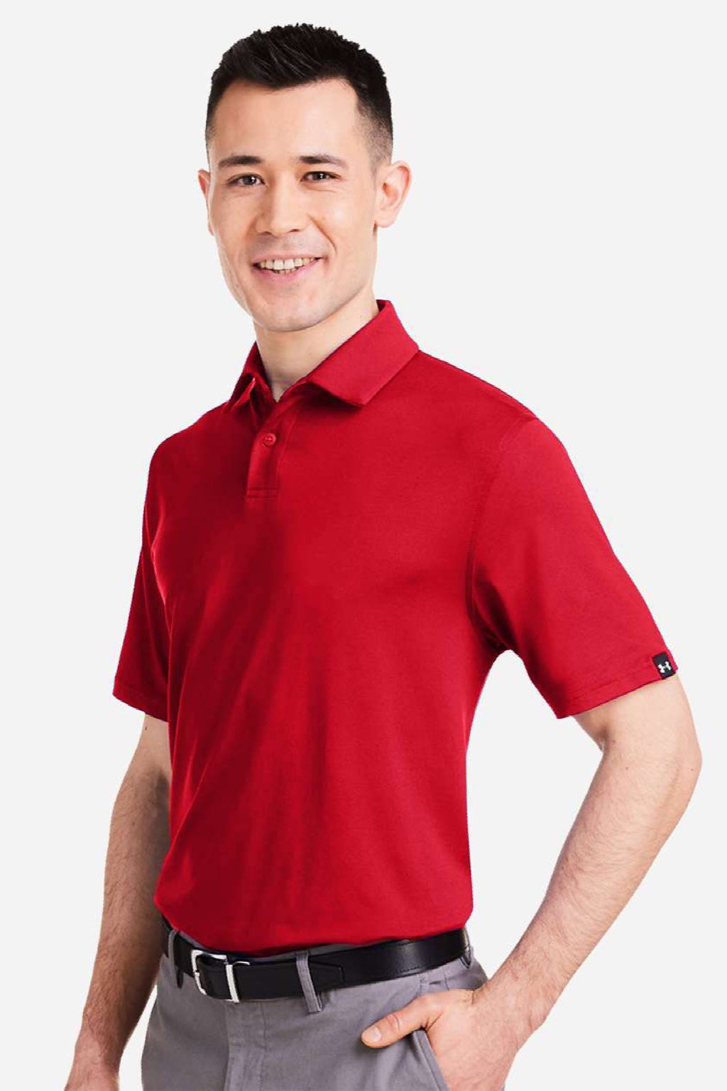 Under Armour 1383255 Mens Recycled Short Sleeve Polo Shirt Red/White Model Side