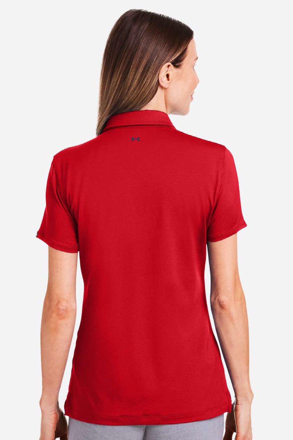 Under Armour 1385910 Womens Recycled Short Sleeve Polo Shirt Red/White Model Back