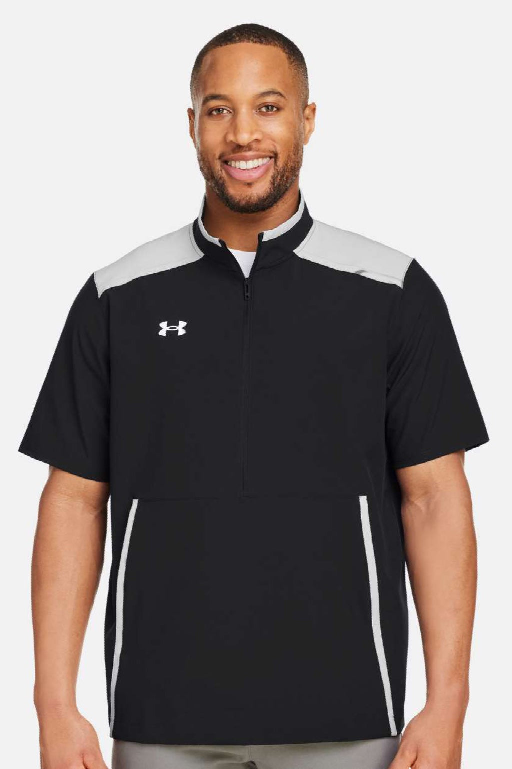 Under Armour 1389612 Mens Motivate 3.0 1/4 Zip Short Sleeve Sweatshirt w/ Pouch Pocket Black/Mod Grey/White Model Front