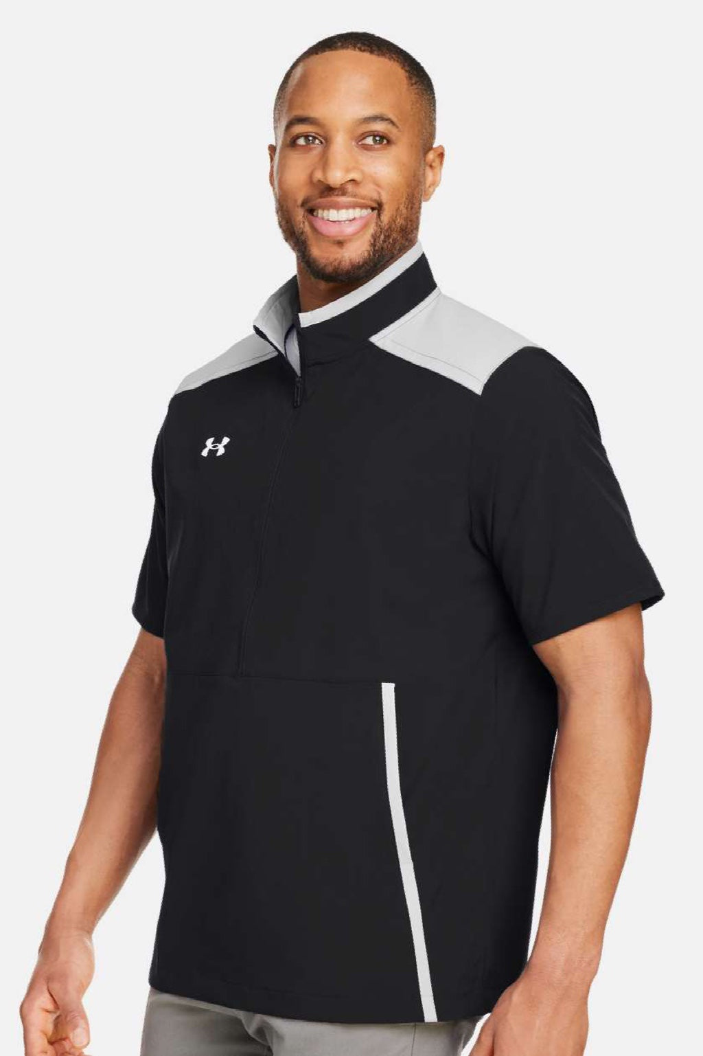 Under Armour 1389612 Mens Motivate 3.0 1/4 Zip Short Sleeve Sweatshirt w/ Pouch Pocket Black/Mod Grey/White Model Side