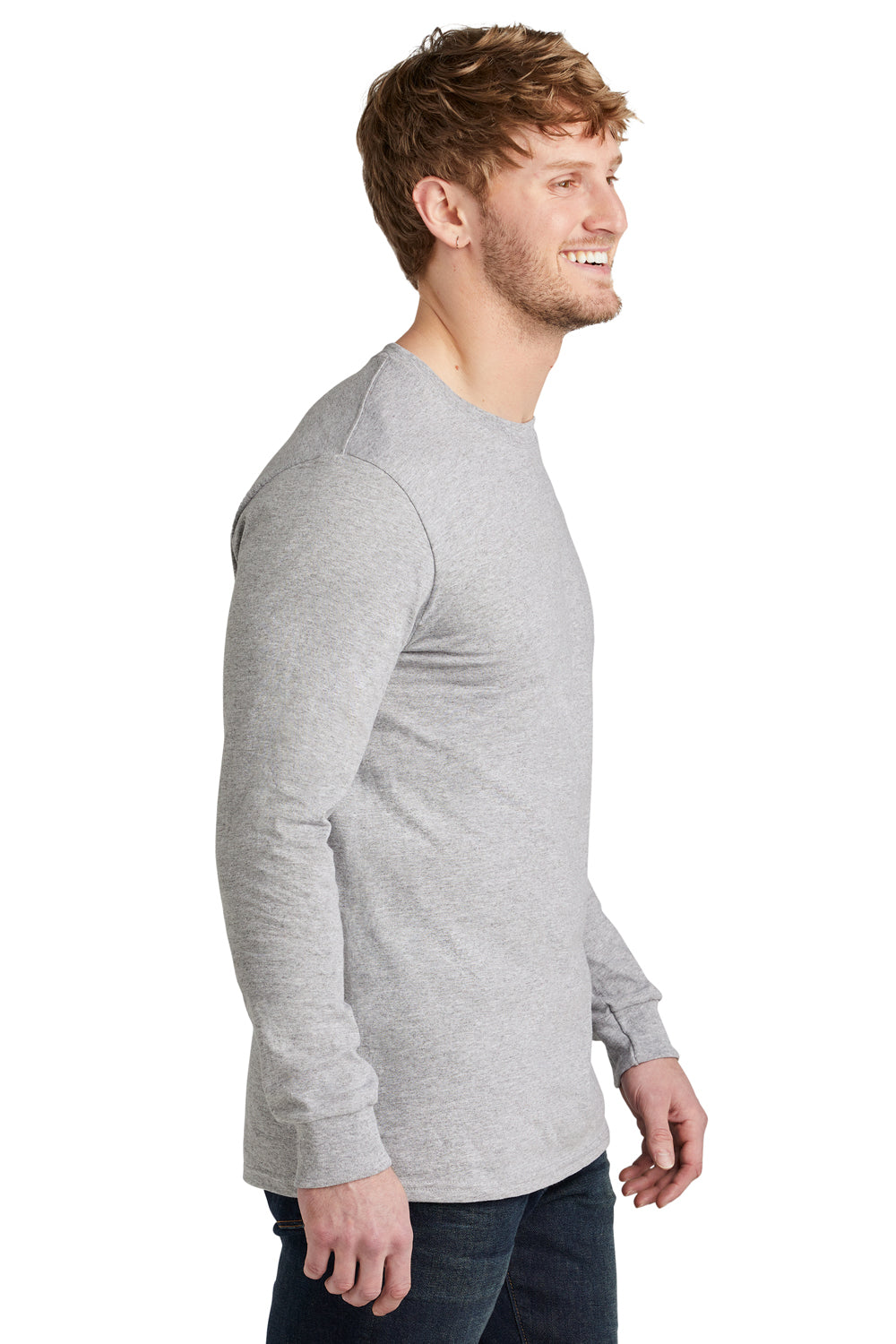 Volunteer Knitwear VL100LS Mens USA Made All American Long Sleeve Crewneck T-Shirt Heather Grey Model Side
