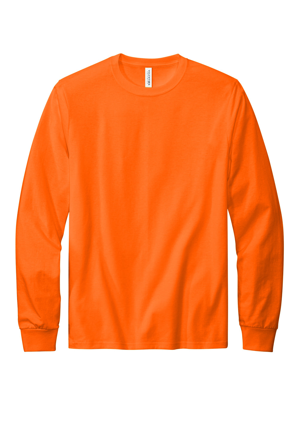 Volunteer Knitwear VL100LS Mens USA Made All American Long Sleeve Crewneck T-Shirt Safety Orange Flat Front