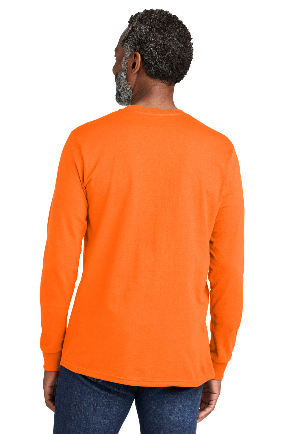 Volunteer Knitwear VL100LS Mens USA Made All American Long Sleeve Crewneck T-Shirt Safety Orange Model Back
