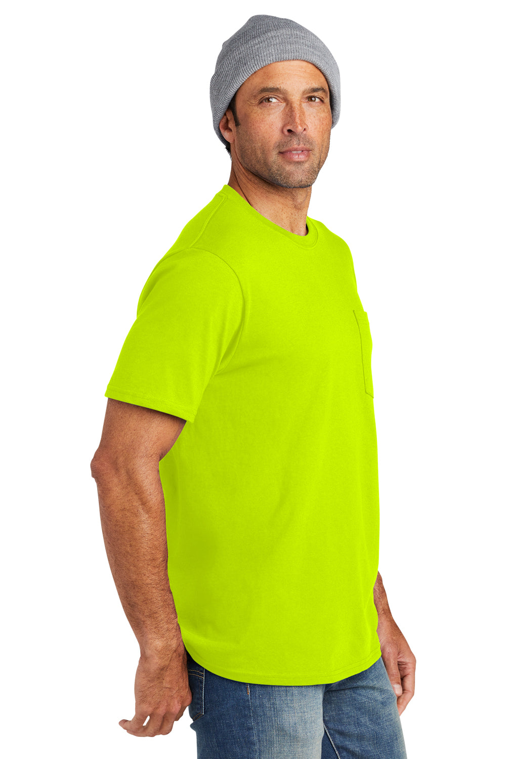 Volunteer Knitwear VL100P Mens USA Made All American Short Sleeve Crewneck T-Shirt w/ Pocket Safety Green Model Side