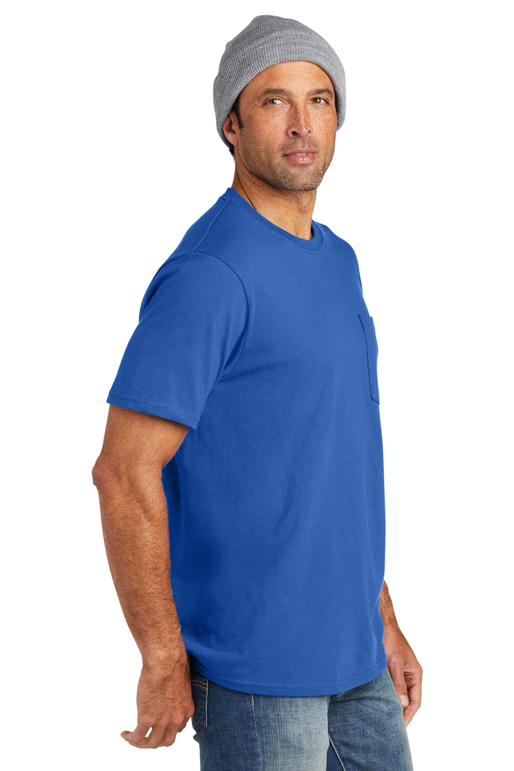 Volunteer Knitwear VL100P Mens USA Made All American Short Sleeve Crewneck T-Shirt w/ Pocket True Royal Blue Model Side