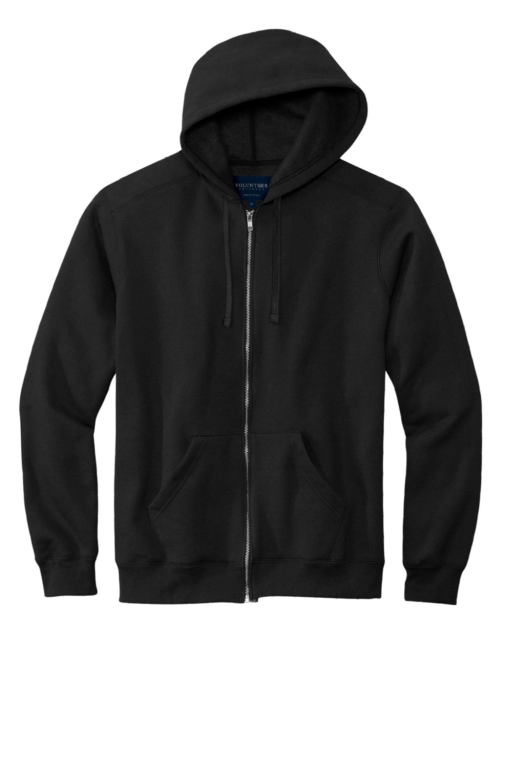 Volunteer Knitwear VL130ZH Mens USA Made Chore Fleece Full Zip Hooded Sweatshirt Hoodie w/ Pockets Deep Black Flat Front