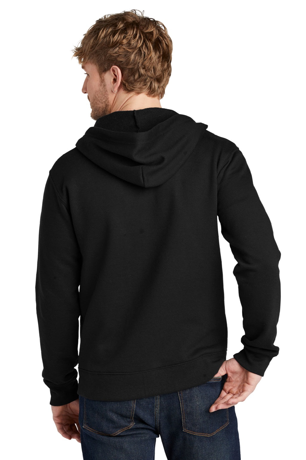 Volunteer Knitwear VL130ZH Mens USA Made Chore Fleece Full Zip Hooded Sweatshirt Hoodie w/ Pockets Deep Black Model Back