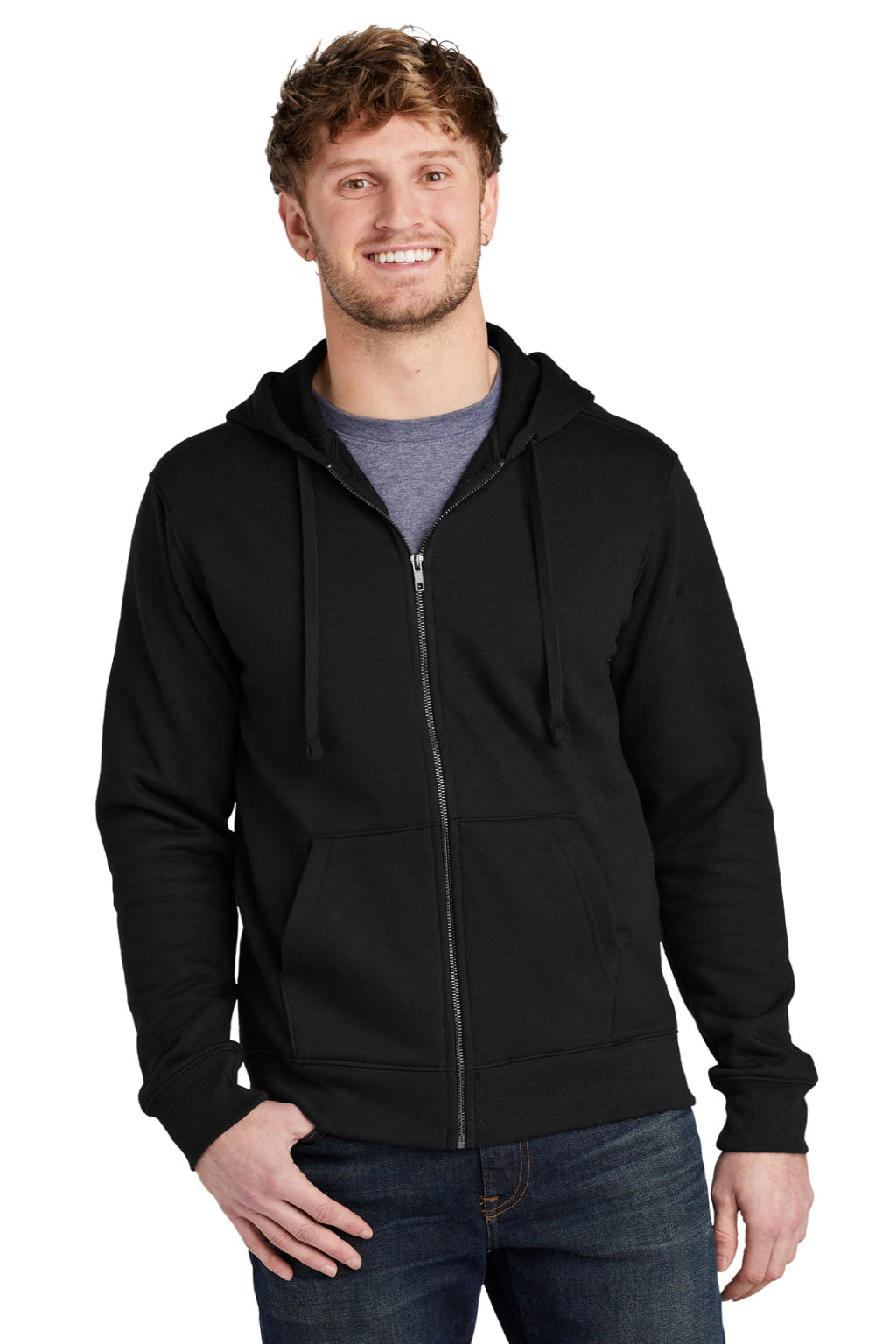 Volunteer Knitwear VL130ZH Mens USA Made Chore Fleece Full Zip Hooded Sweatshirt Hoodie w/ Pockets Deep Black Model Front