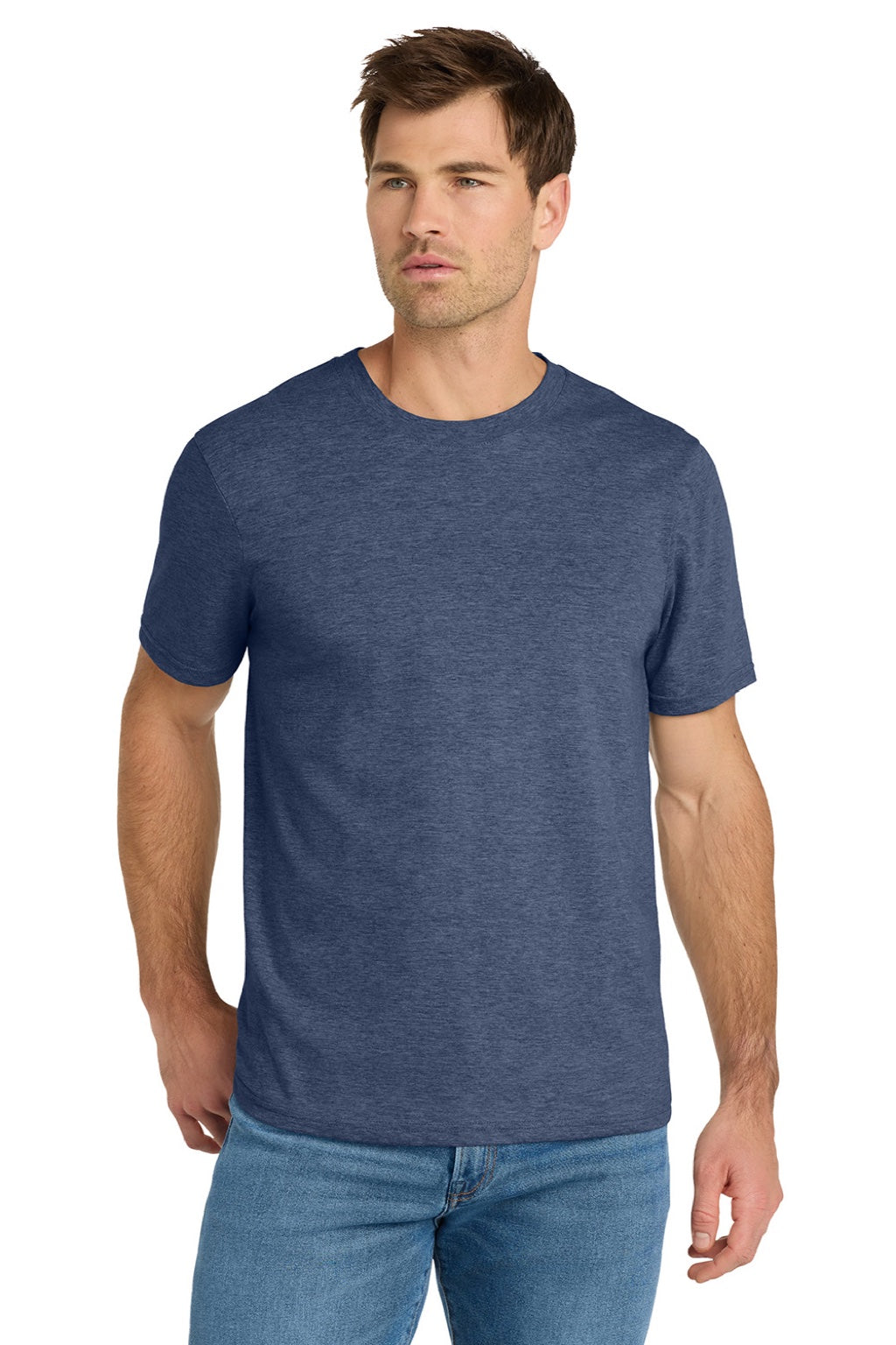 Volunteer Knitwear VL45 Mens USA Made Daily Short Sleeve Crewneck T-Shirt Heather Navy Blue Model Front