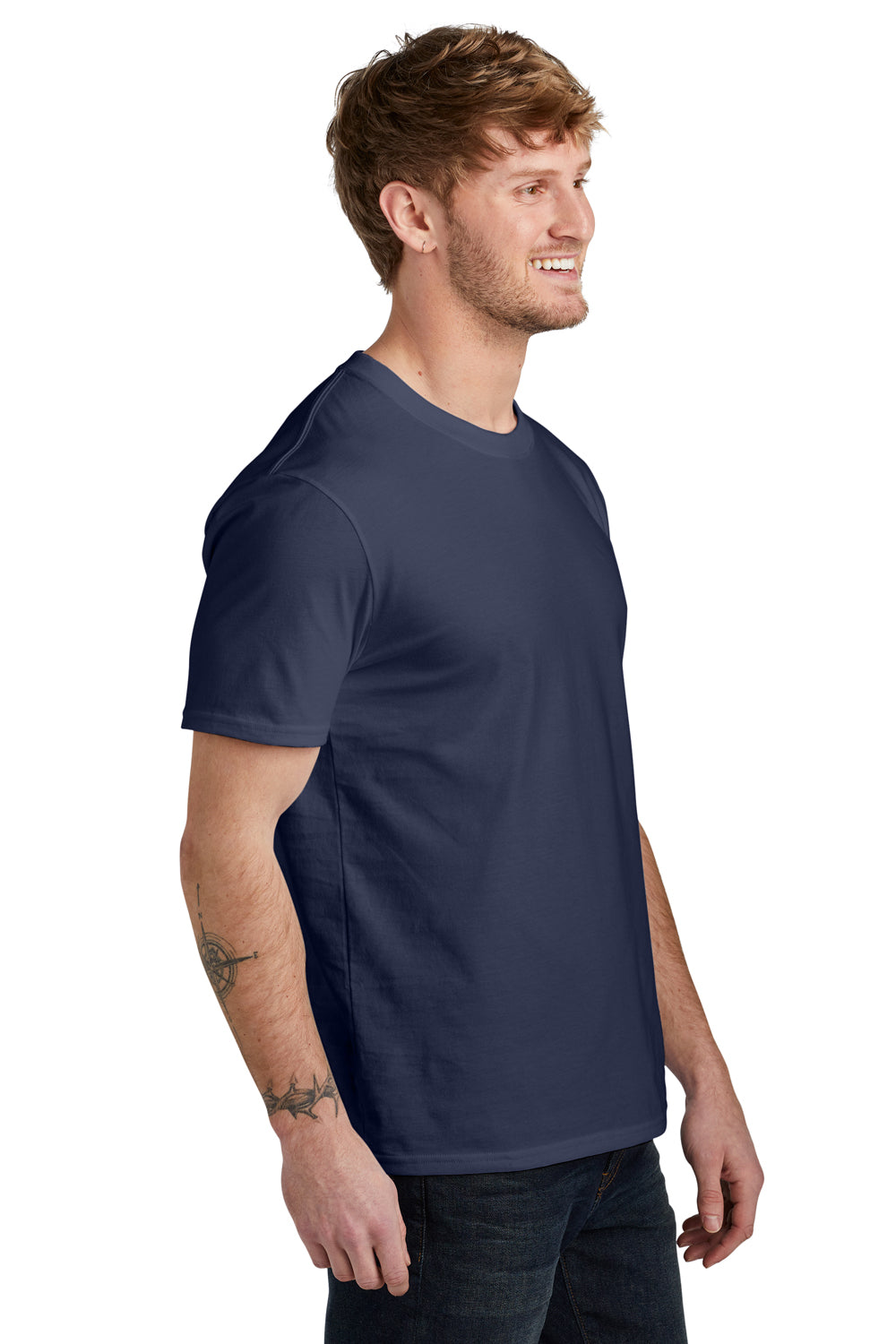 Volunteer Knitwear VL45 Mens USA Made Daily Short Sleeve Crewneck T-Shirt Strong Navy Blue Model Side