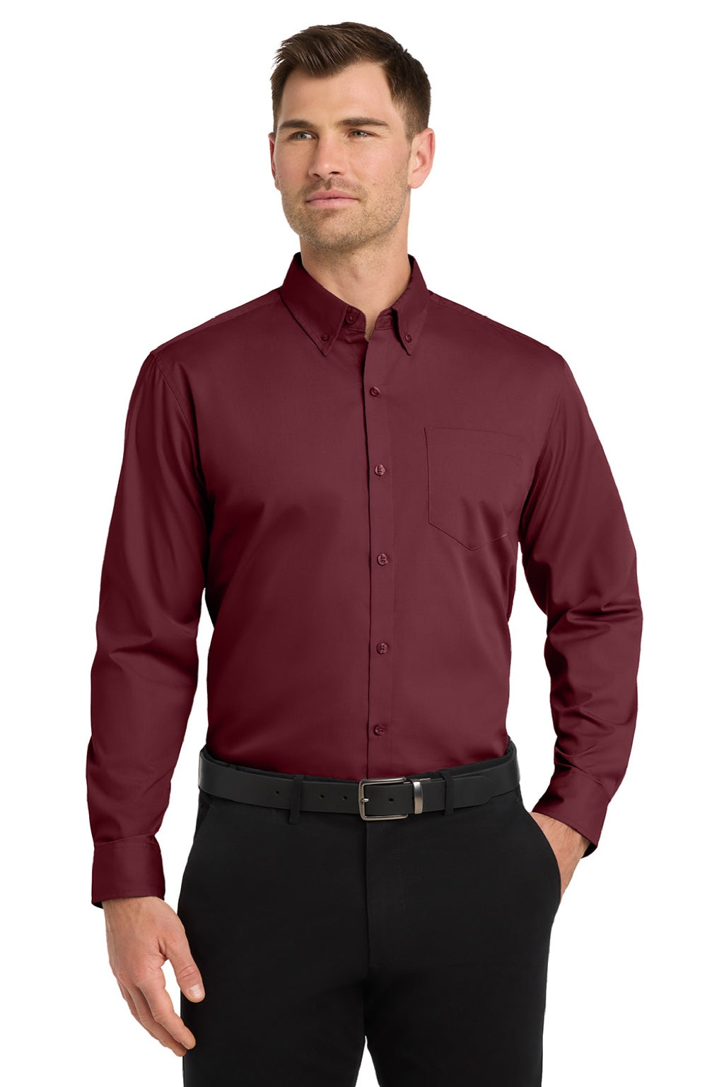 Port Authority W100/TW100 Mens Carefree Stain Resistant Long Sleeve Button Down Shirt w/ Pocket Burgundy Model Front
