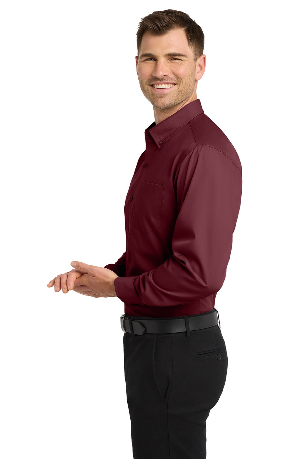 Port Authority W100/TW100 Mens Carefree Stain Resistant Long Sleeve Button Down Shirt w/ Pocket Burgundy Model Side