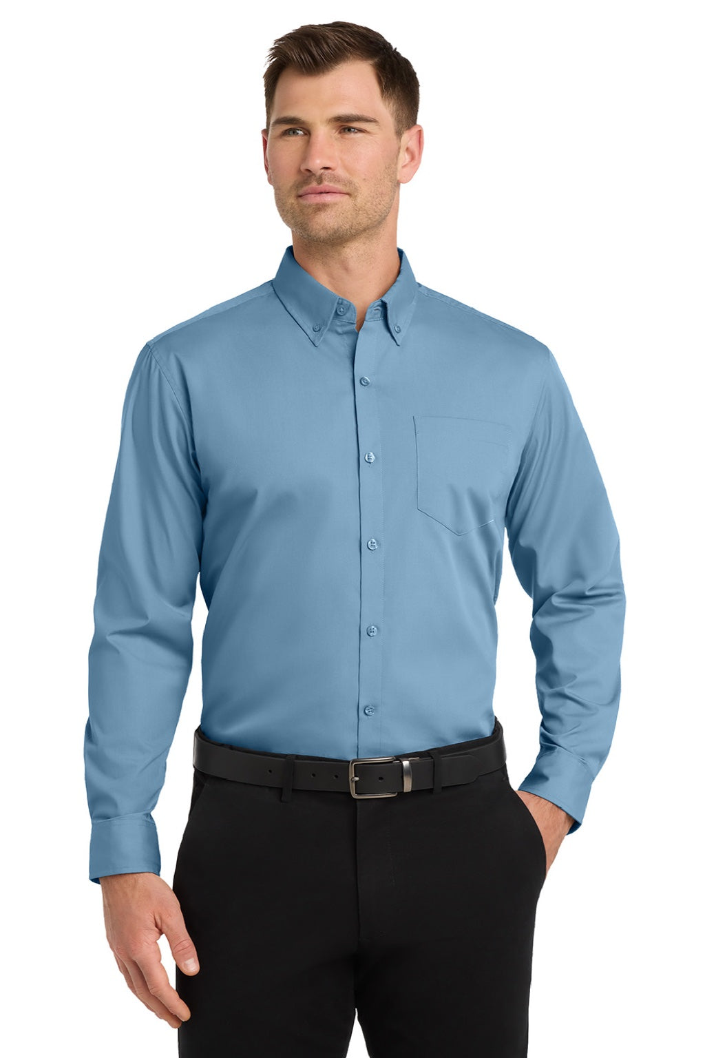 Port Authority W100/TW100 Mens Carefree Stain Resistant Long Sleeve Button Down Shirt w/ Pocket Carolina Blue Model Front
