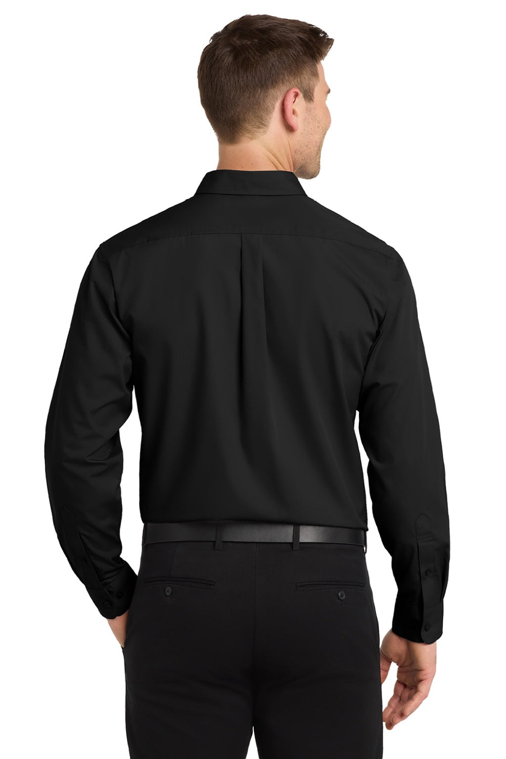 Port Authority W100/TW100 Mens Carefree Stain Resistant Long Sleeve Button Down Shirt w/ Pocket Deep Black Model Back