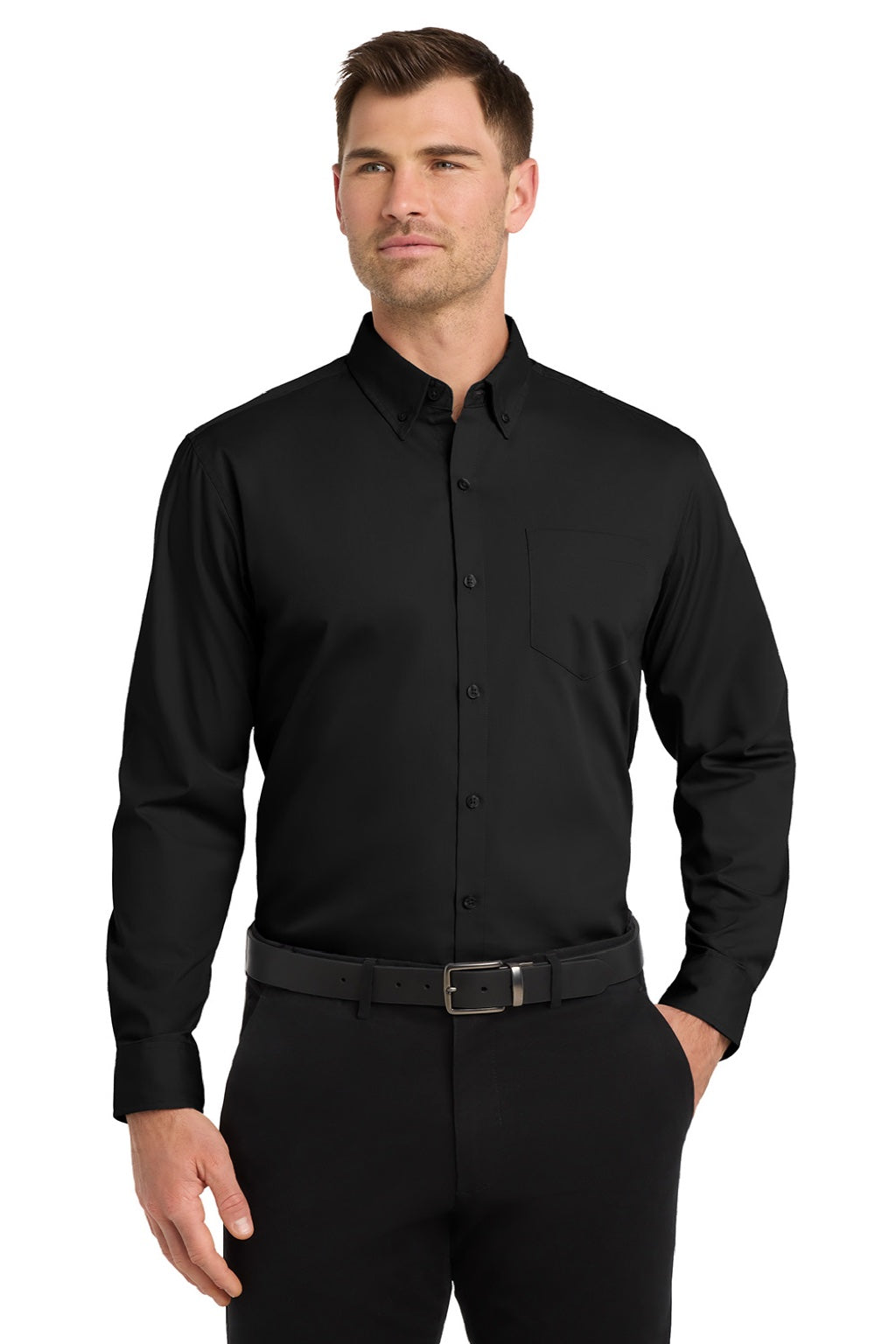 Port Authority W100/TW100 Mens Carefree Stain Resistant Long Sleeve Button Down Shirt w/ Pocket Deep Black Model Front