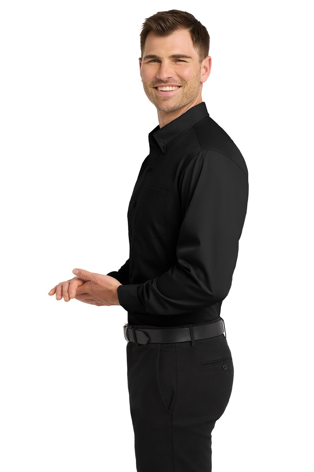 Port Authority W100/TW100 Mens Carefree Stain Resistant Long Sleeve Button Down Shirt w/ Pocket Deep Black Model Side
