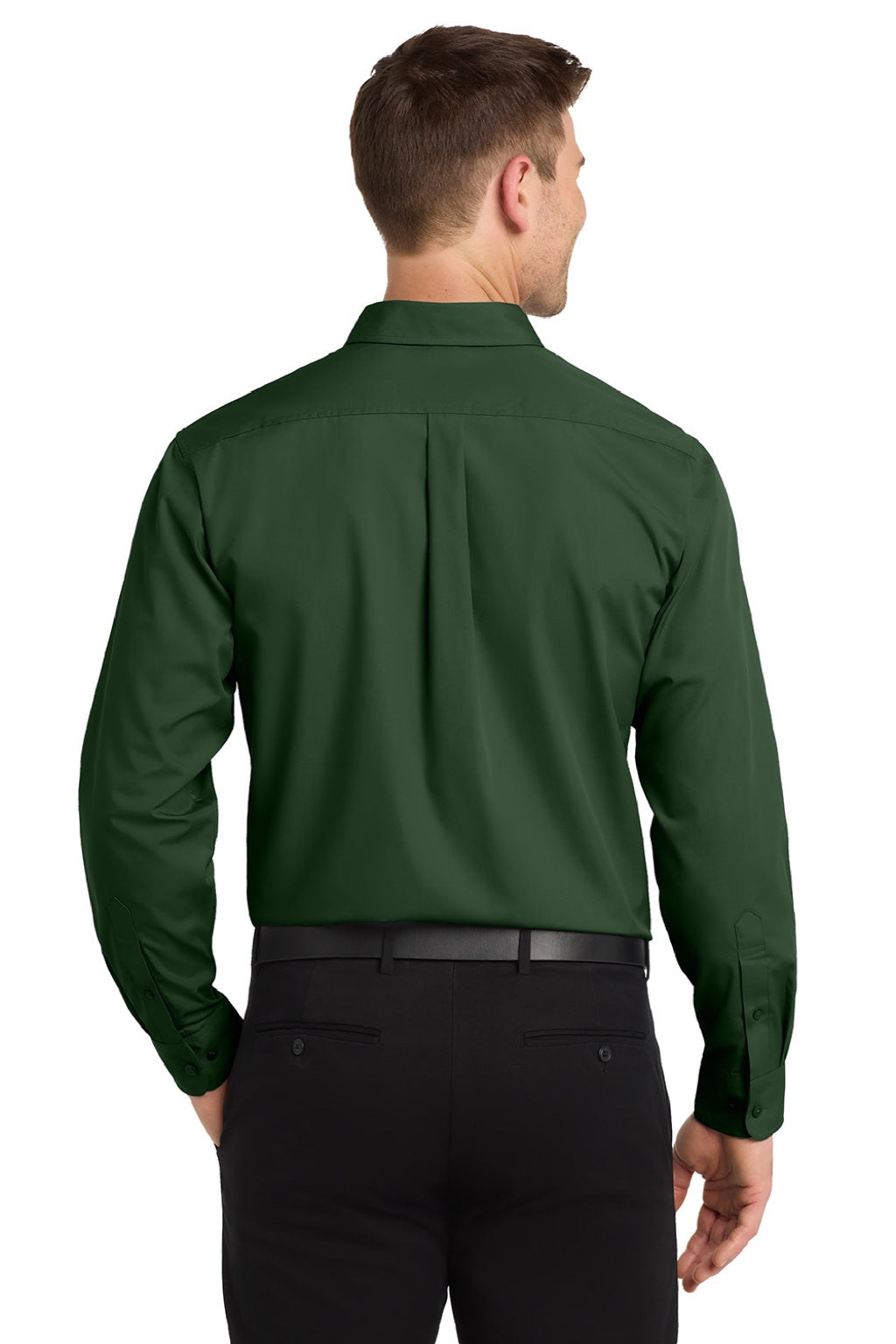 Port Authority W100/TW100 Mens Carefree Stain Resistant Long Sleeve Button Down Shirt w/ Pocket Deep Forest Green Model Back