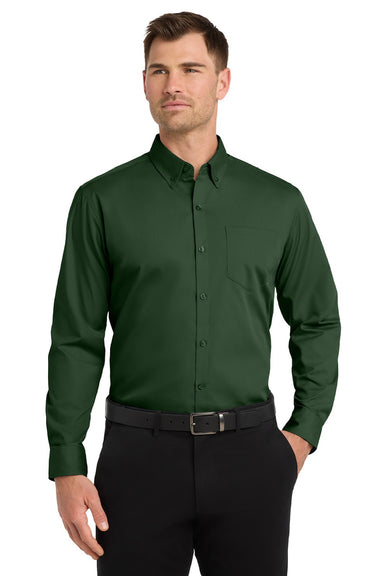 Port Authority W100/TW100 Mens Carefree Stain Resistant Long Sleeve Button Down Shirt w/ Pocket Deep Forest Green Model Front