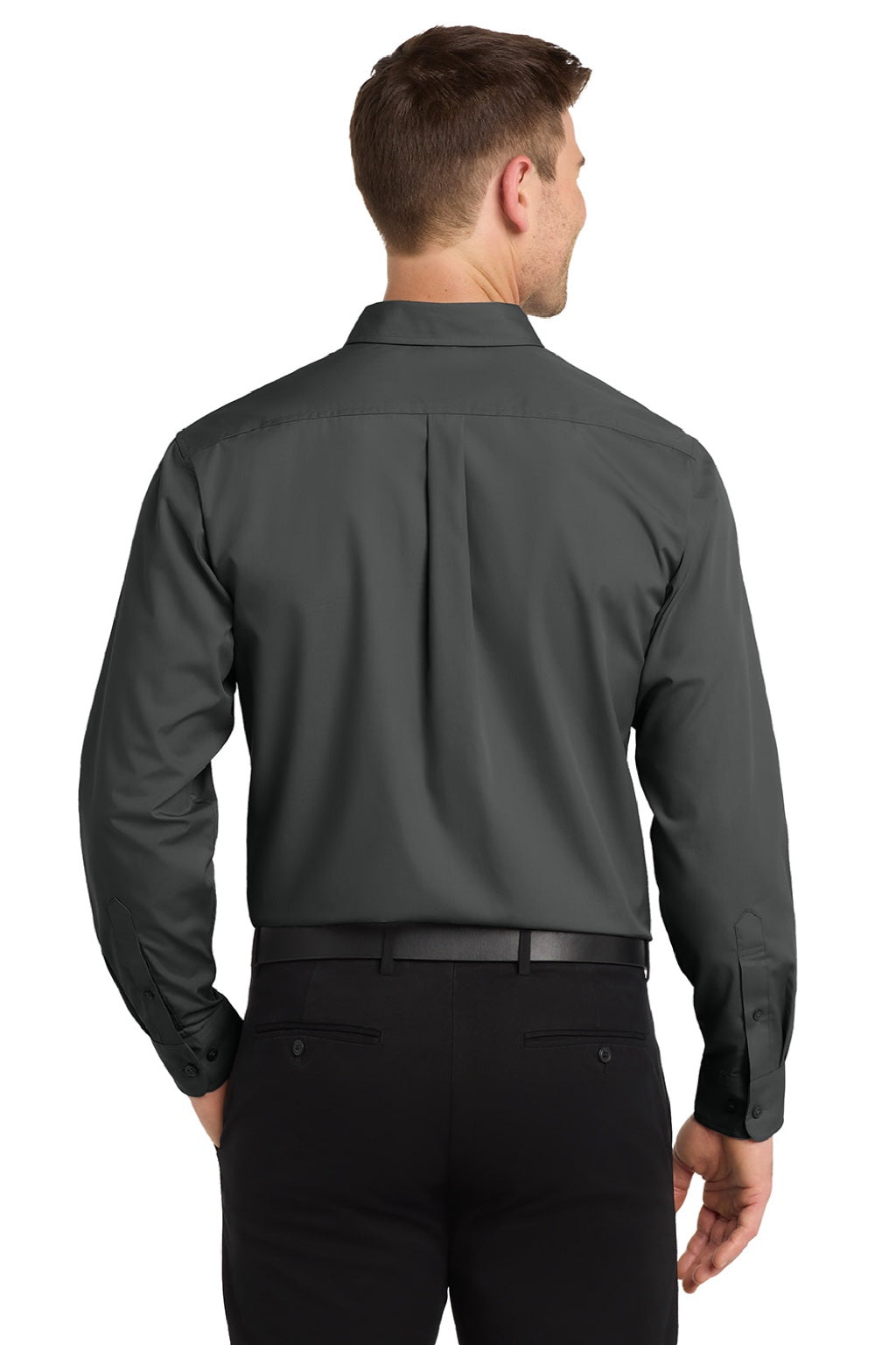 Port Authority W100/TW100 Mens Carefree Stain Resistant Long Sleeve Button Down Shirt w/ Pocket Graphite Grey Model Back