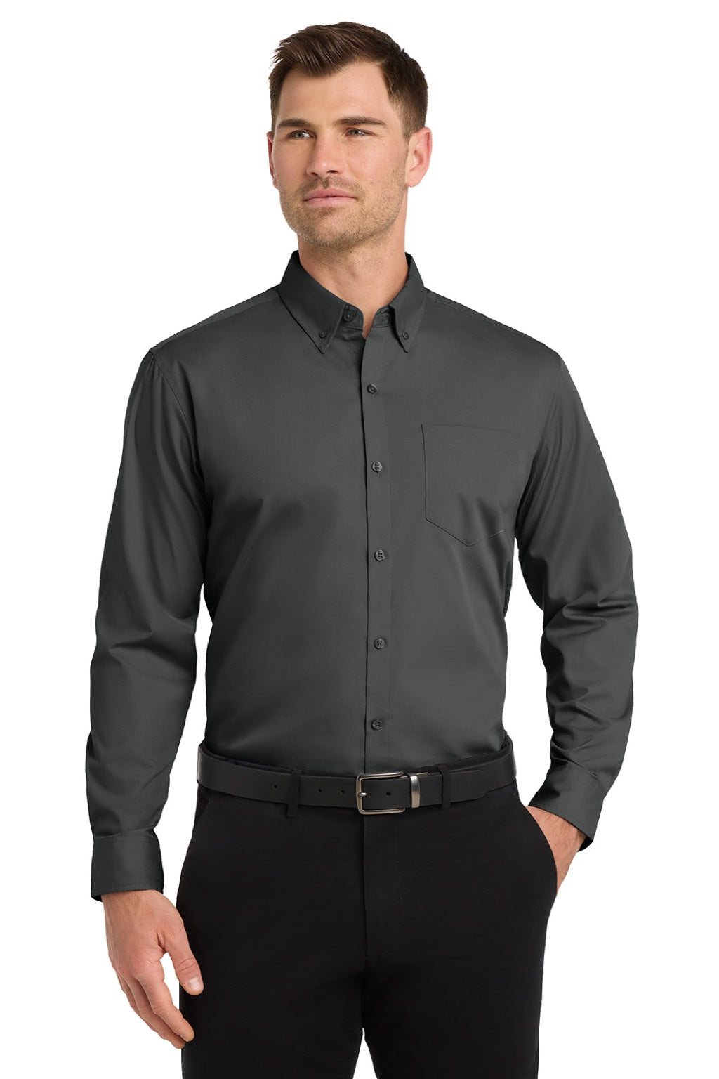 Port Authority W100/TW100 Mens Carefree Stain Resistant Long Sleeve Button Down Shirt w/ Pocket Graphite Grey Model Front