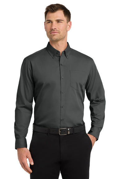 Port Authority W100/TW100 Mens Carefree Stain Resistant Long Sleeve Button Down Shirt w/ Pocket Graphite Grey Model Front